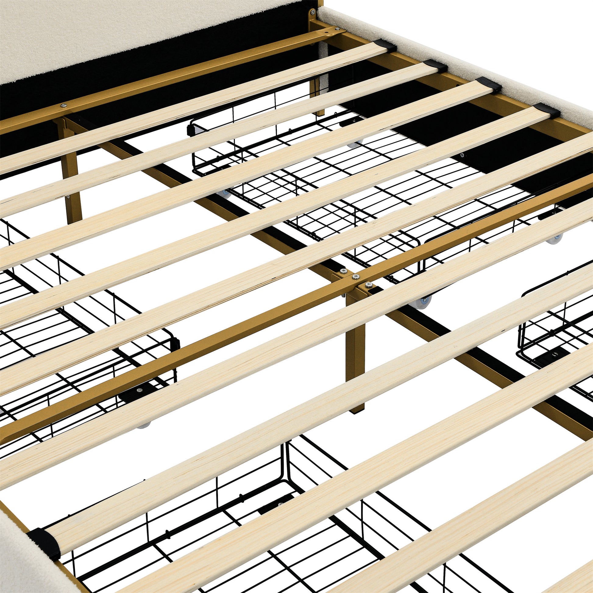 Queen Size Bed Frame With Drawer, Upholstered Smart Platform Bed With 4 Drawers Strong Wood Slats Support, No Box Spring Needed, Teddy Fleece, White White Iron