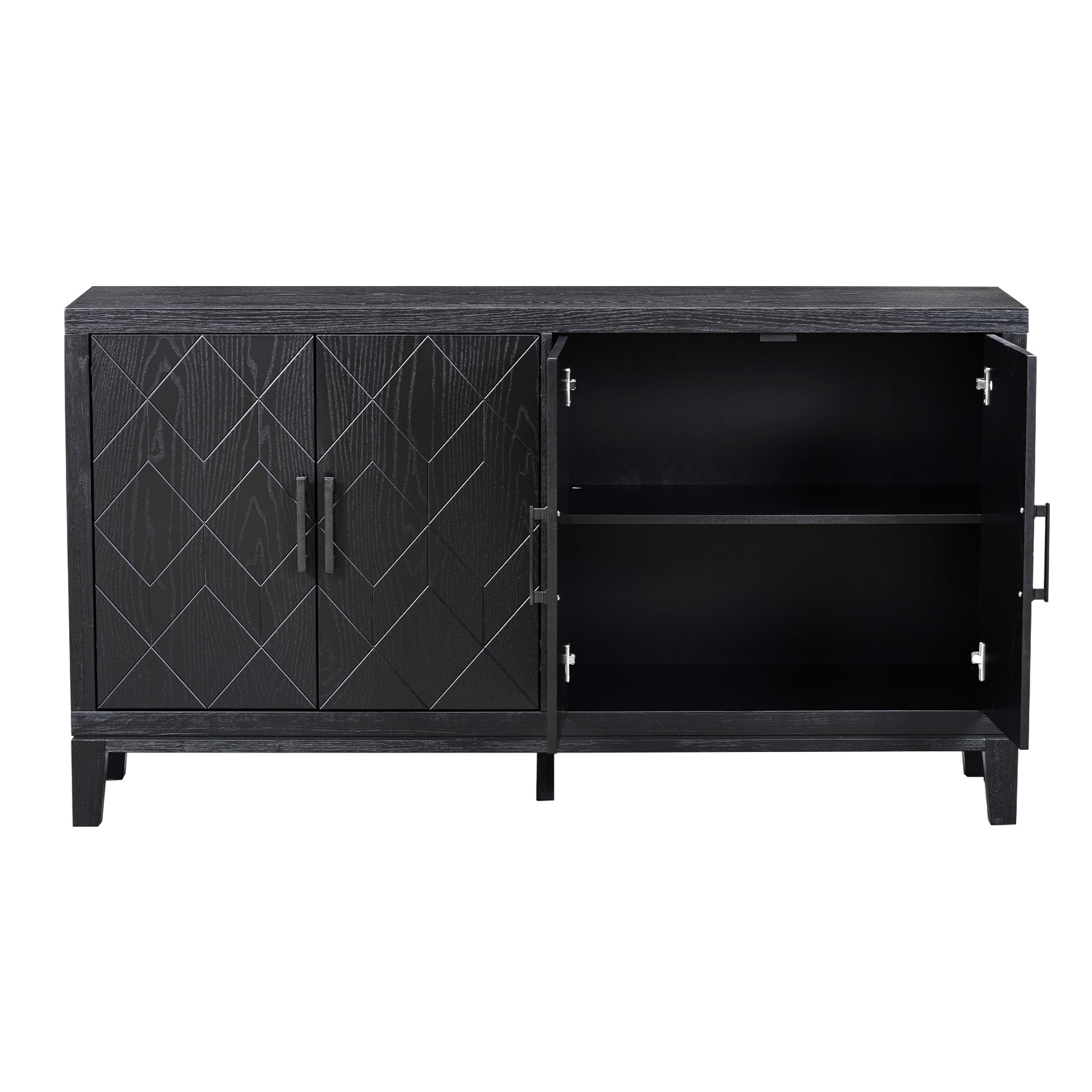 4 Door Retro Sideboard With Adjustable Shelves, Two Large Cabinet With Long Handle, For Living Room And Dining Room Black Black Mdf