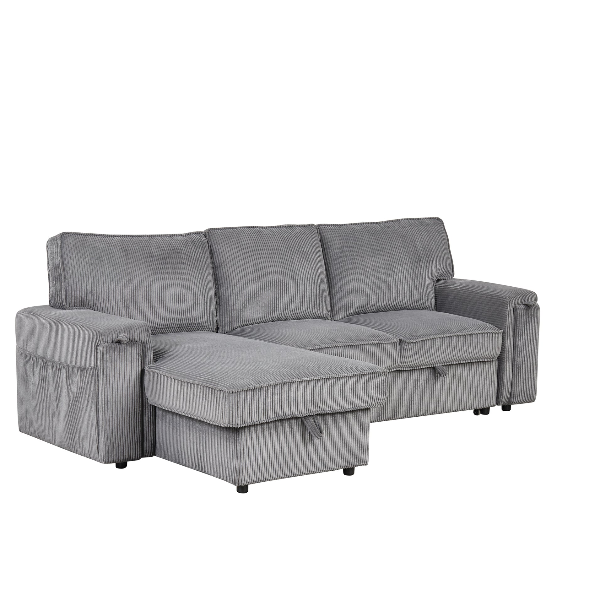 Upholstery Sleeper Sectional Sofa With Storage Bags And 2 Cup Holders On Arms Gray Wood Cushion Back Square Arms Polyester 3 Seat
