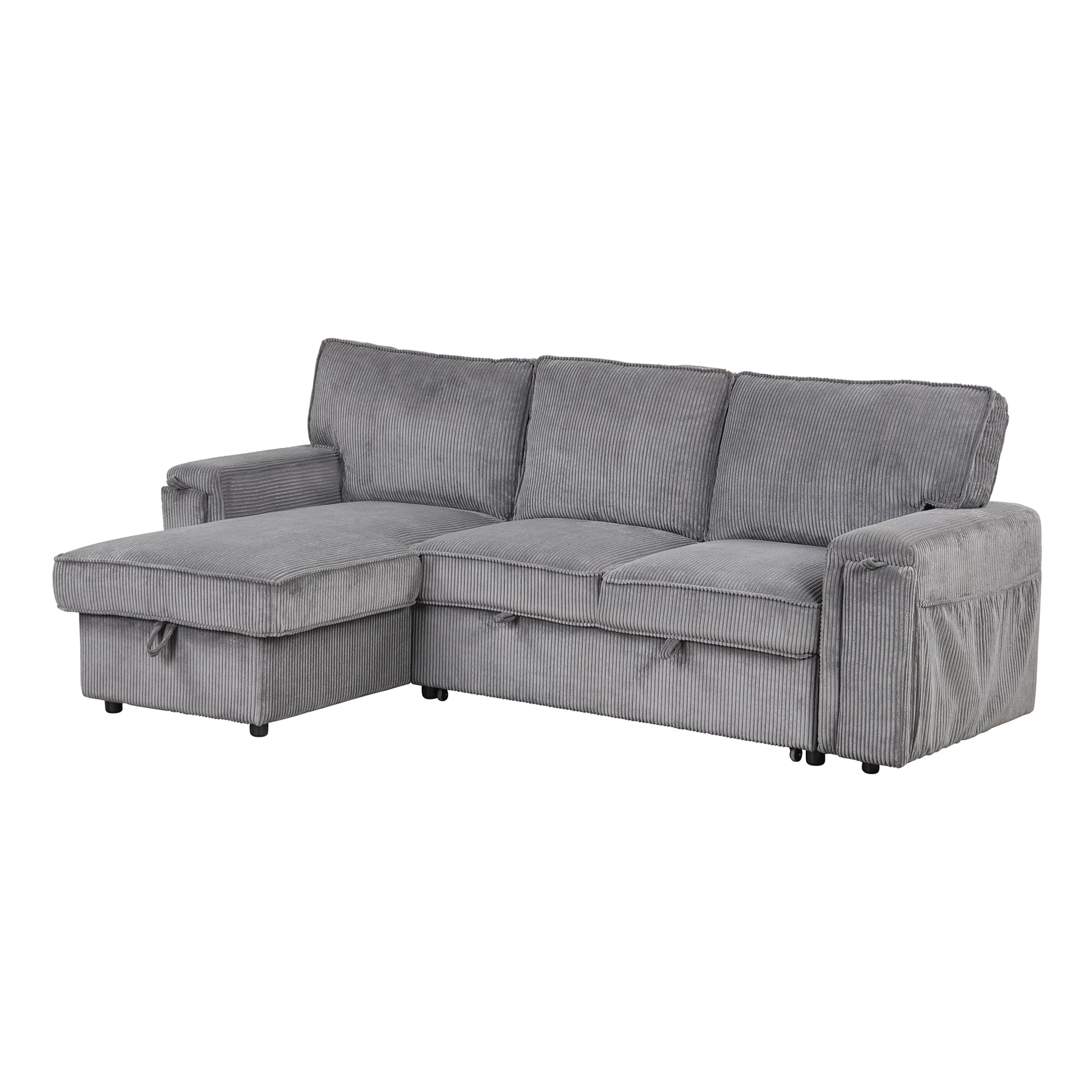 Upholstery Sleeper Sectional Sofa With Storage Bags And 2 Cup Holders On Arms Gray Wood Cushion Back Square Arms Polyester 3 Seat