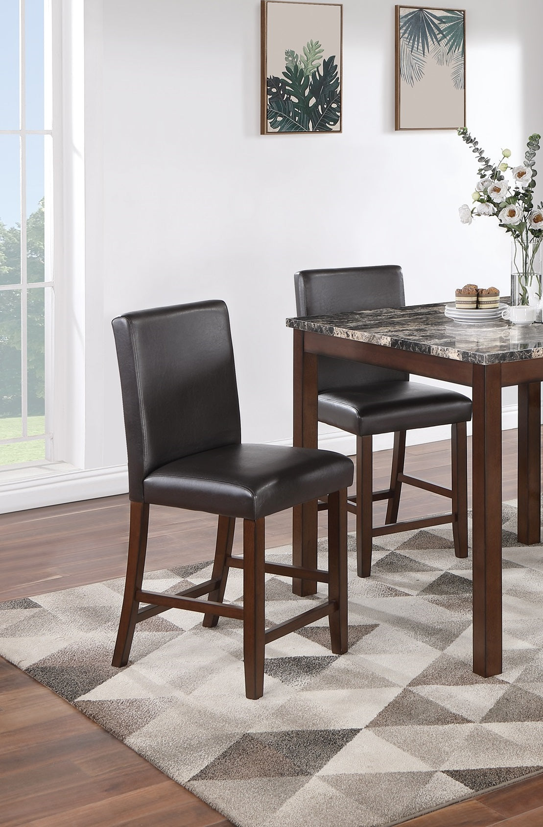 Classic Stylish Espresso Finish 5Pc Counter Height Dining Set Kitchen Dinette Faux Marble Top Table And 4X High Chairs Faux Leather Cushions Seats Dining Room Upholstered Chair Wood Espresso Solid Back Seats 4 Brown Wood Dining Room