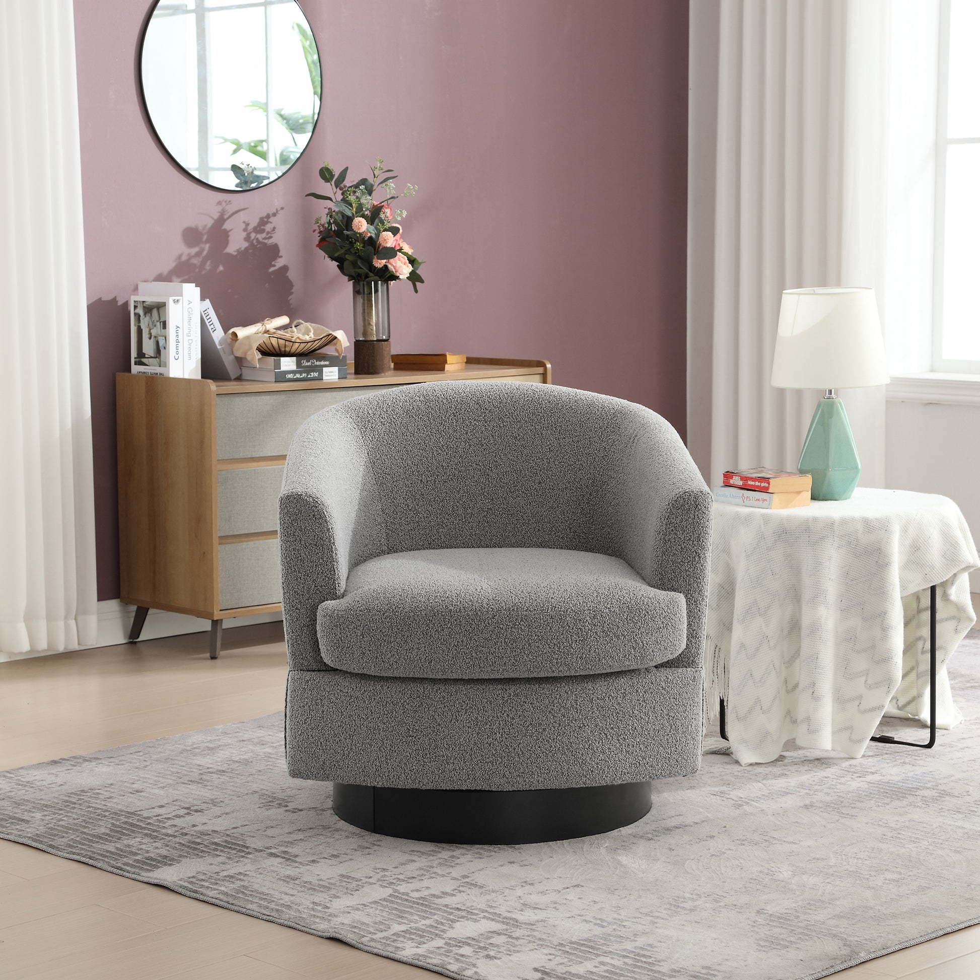 30.7''W Boucle Upholstered Swivel Cuddle Accent Round Barrel Chair Modern Single Sofa, 360 Degree Circle Club Armchair For Nursery Bedroom Living Room Coffe Bar Lounge Hotel. Gray Gray Boucle