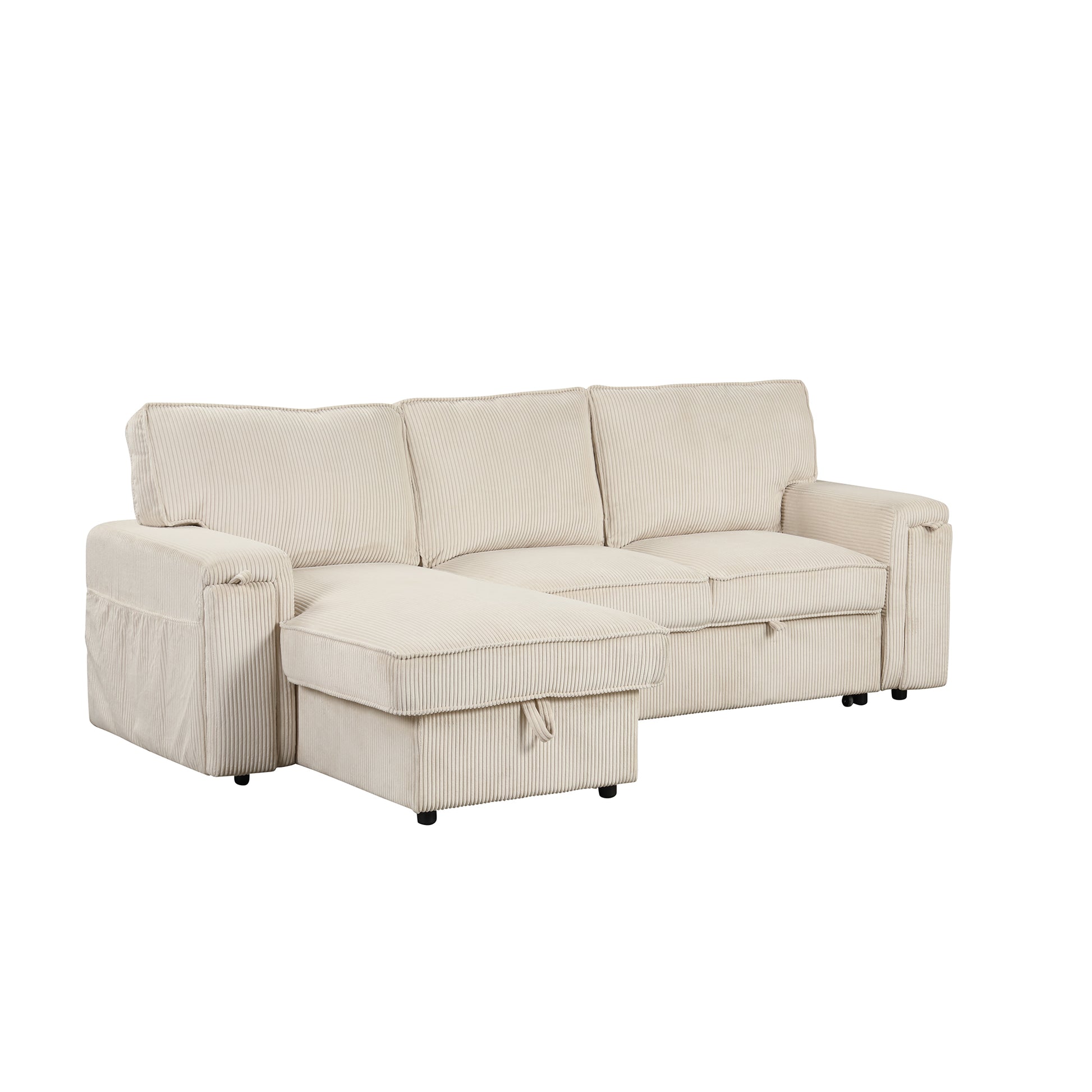 Upholstery Sleeper Sectional Sofa With Storage Bags And 2 Cup Holders On Arms Beige Wood Cushion Back Square Arms Polyester 3 Seat