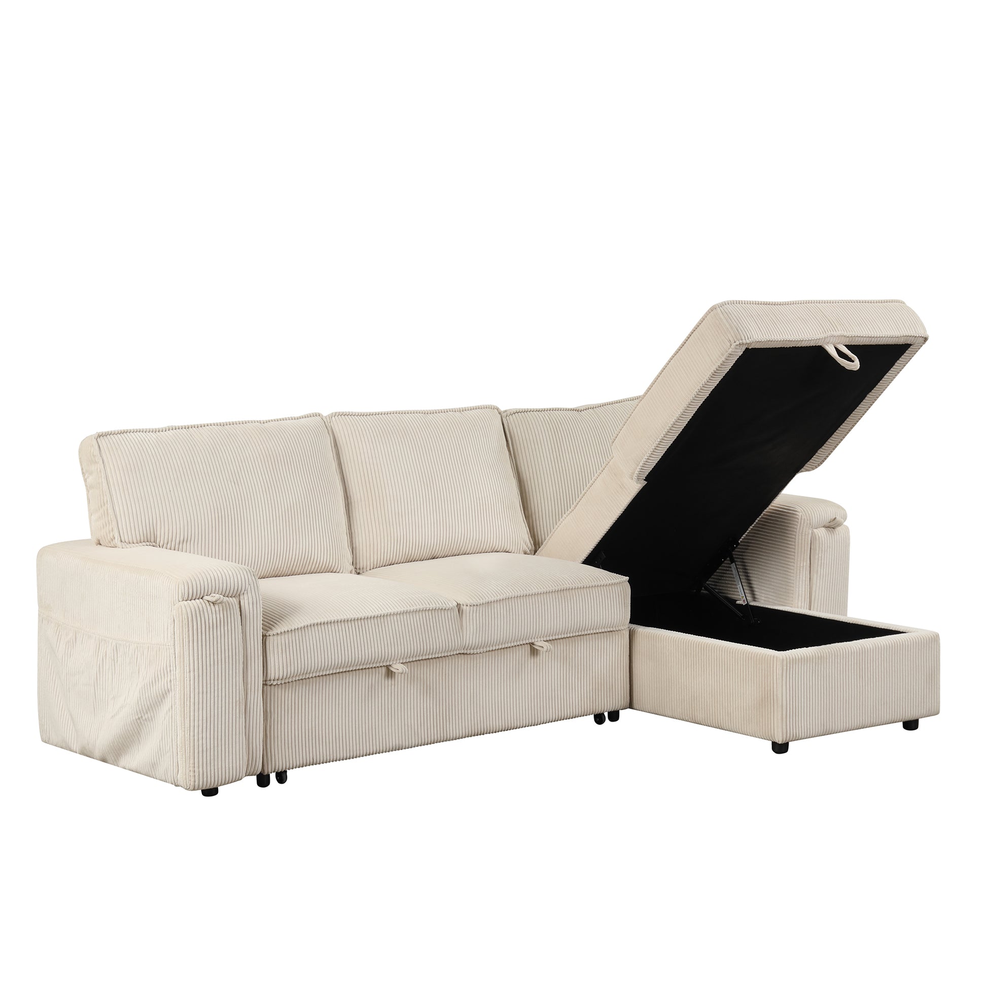 Upholstery Sleeper Sectional Sofa With Storage Bags And 2 Cup Holders On Arms Beige Wood Cushion Back Square Arms Polyester 3 Seat