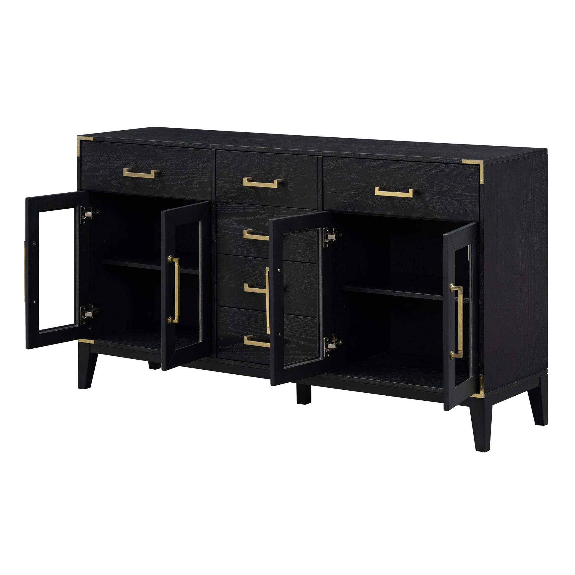 6 Drawer And 2 Cabinet Retro Sideboard With Extra Large Storage Space, With Gold Handles And Solid Wood Legs, For Kitchen And Living Room Black Black Solid Wood Mdf