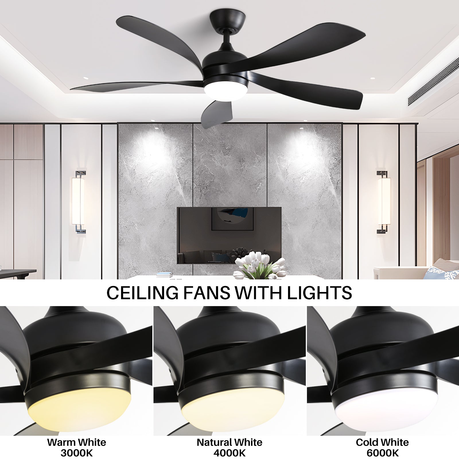 52 Inch Modern With 3 Color Dimmable 5 Abs Blades Remote Control Reversible Dc Motor With Led Light Black Abs