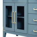 6 Drawer And 2 Cabinet Retro Sideboard With Extra Large Storage Space, With Gold Handles And Solid Wood Legs, For Kitchen And Living Room Antique Blue Antique Blue Solid Wood Mdf