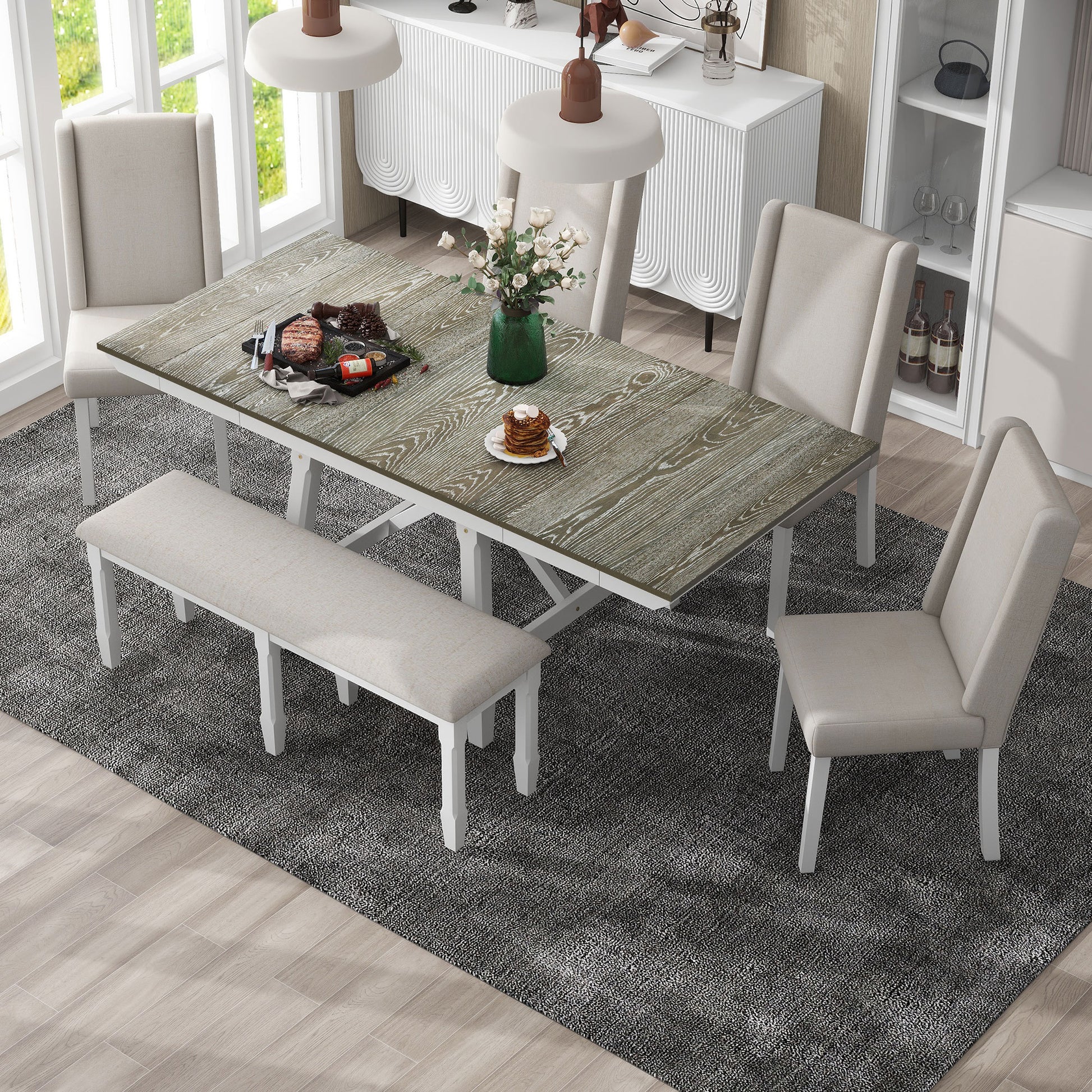 6 Piece Classic Dining Table Set, Rectangular Extendable Dining Table With Two 12"W Removable Leaves And 4 Upholstered Chairs & 1 Bench For Dining Room Brown White Brown White Solid Wood