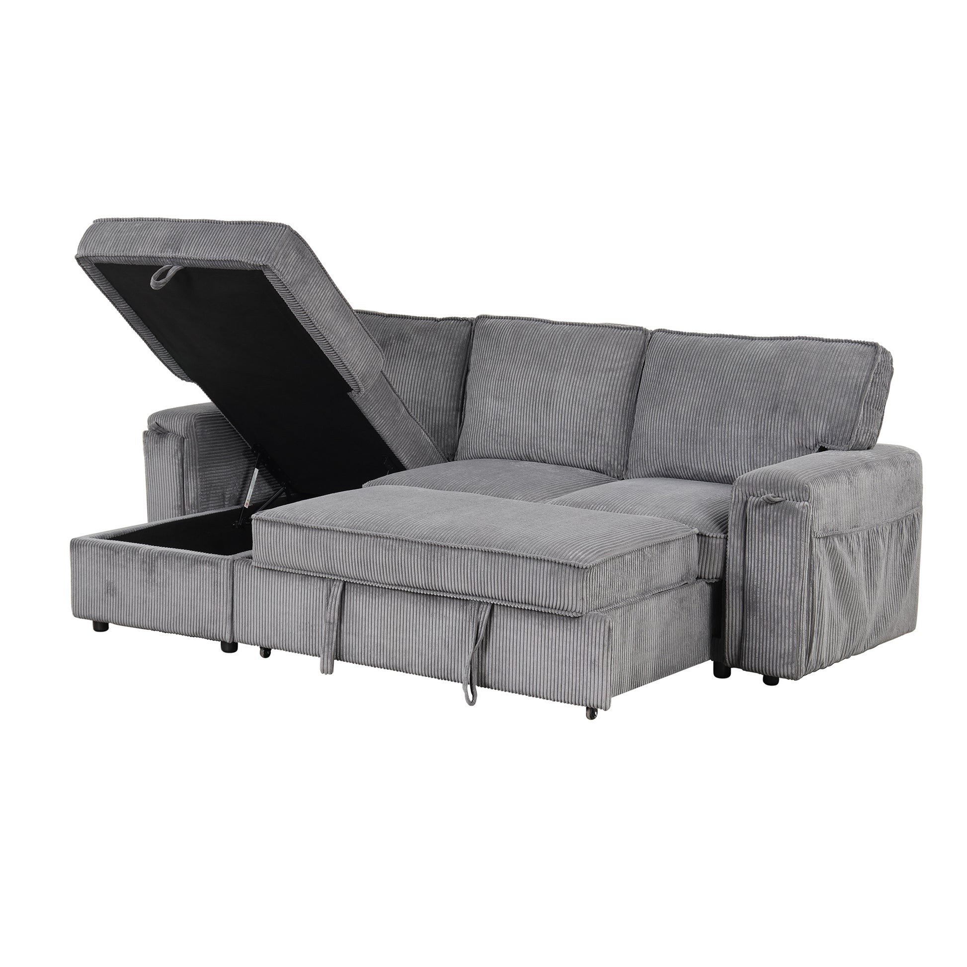 Upholstery Sleeper Sectional Sofa With Storage Bags And 2 Cup Holders On Arms Gray Wood Cushion Back Square Arms Polyester 3 Seat