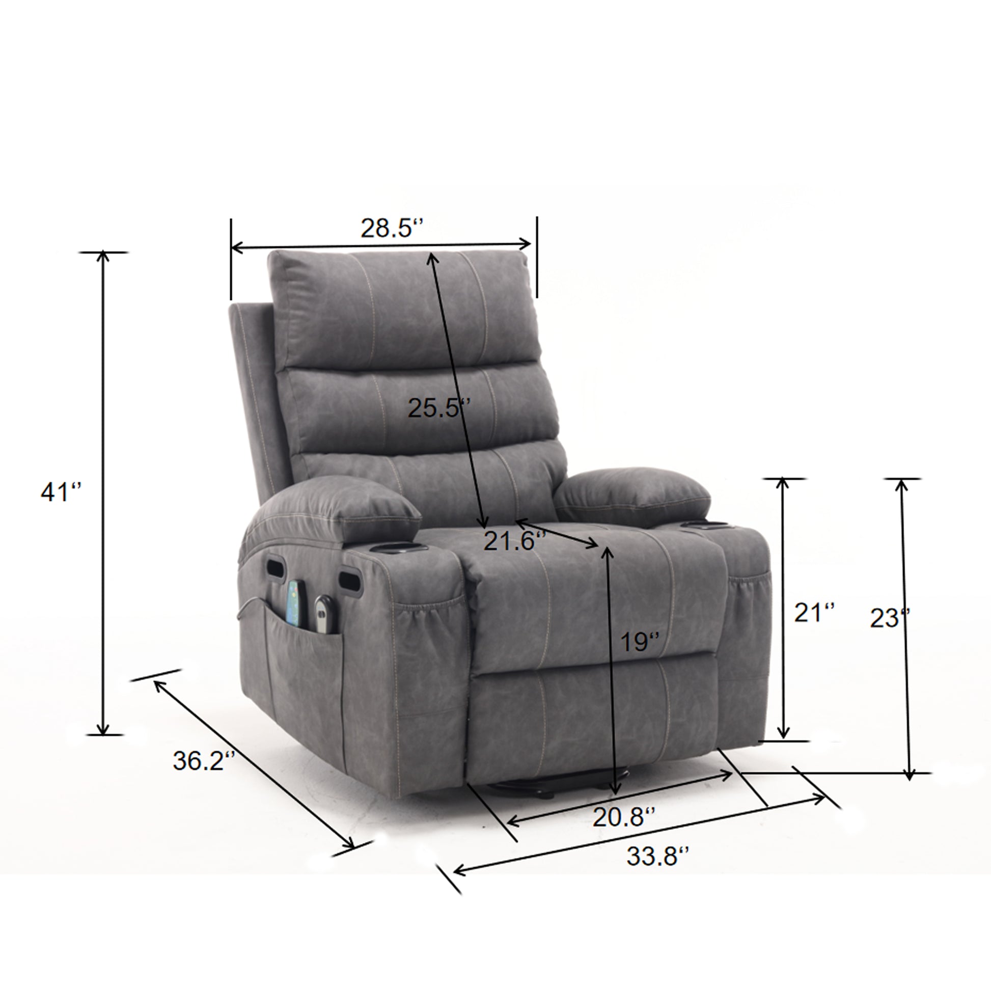 21"Seat Width,Large Size Electric Power Lift Recliner Chair Sofa For Elderly, 8 Point Vibration Massage And Lumber Heat, Remote Control, Side Pockets And Cup Holders, Cozy Fabric, Overstuffed Arm Pu Gray Pu