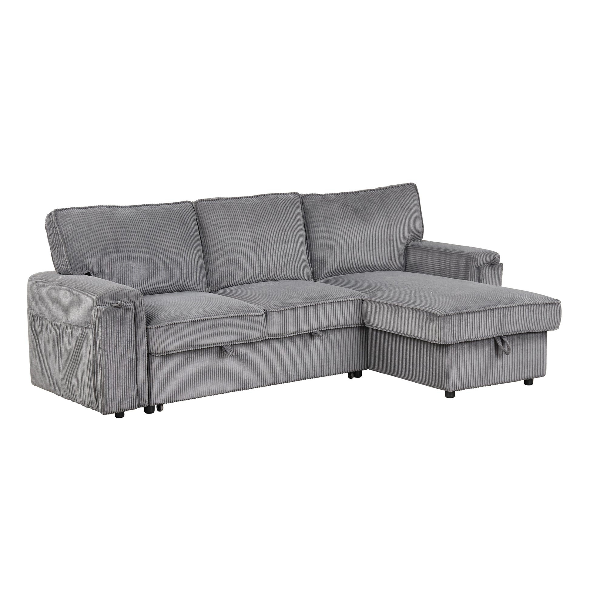 Upholstery Sleeper Sectional Sofa With Storage Bags And 2 Cup Holders On Arms Gray Wood Cushion Back Square Arms Polyester 3 Seat