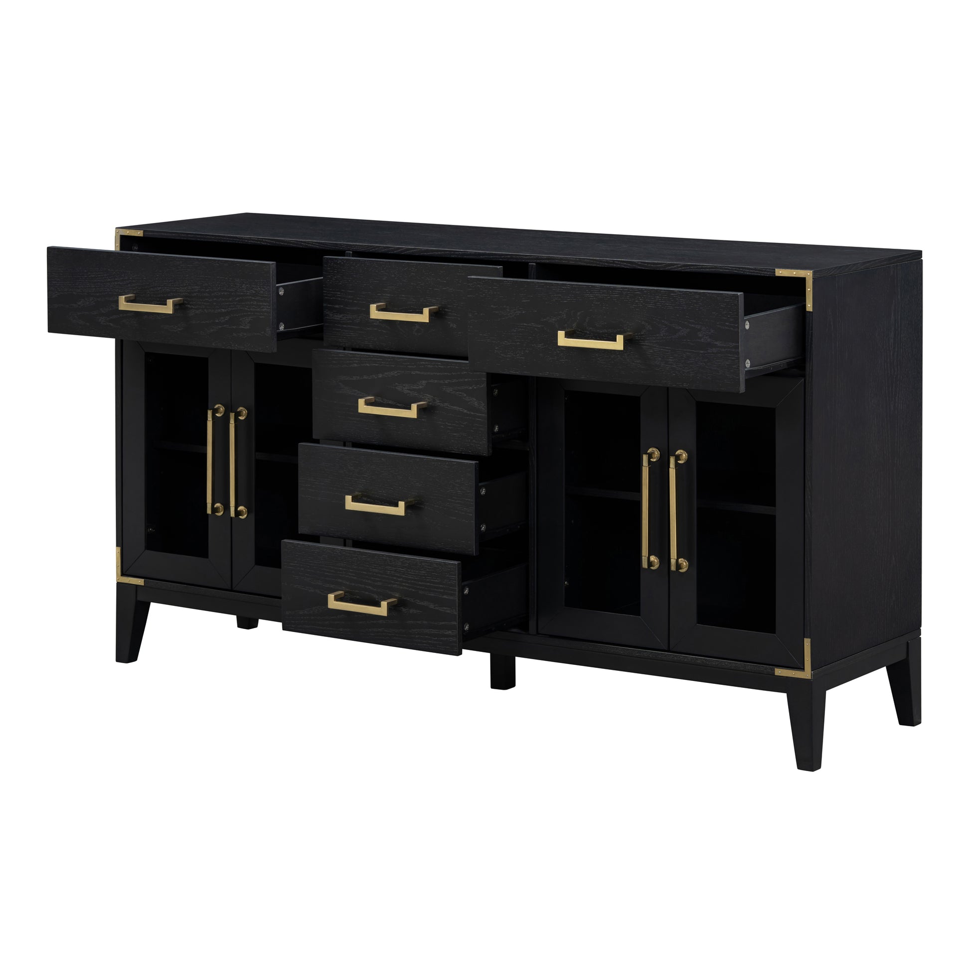 6 Drawer And 2 Cabinet Retro Sideboard With Extra Large Storage Space, With Gold Handles And Solid Wood Legs, For Kitchen And Living Room Black Black Solid Wood Mdf