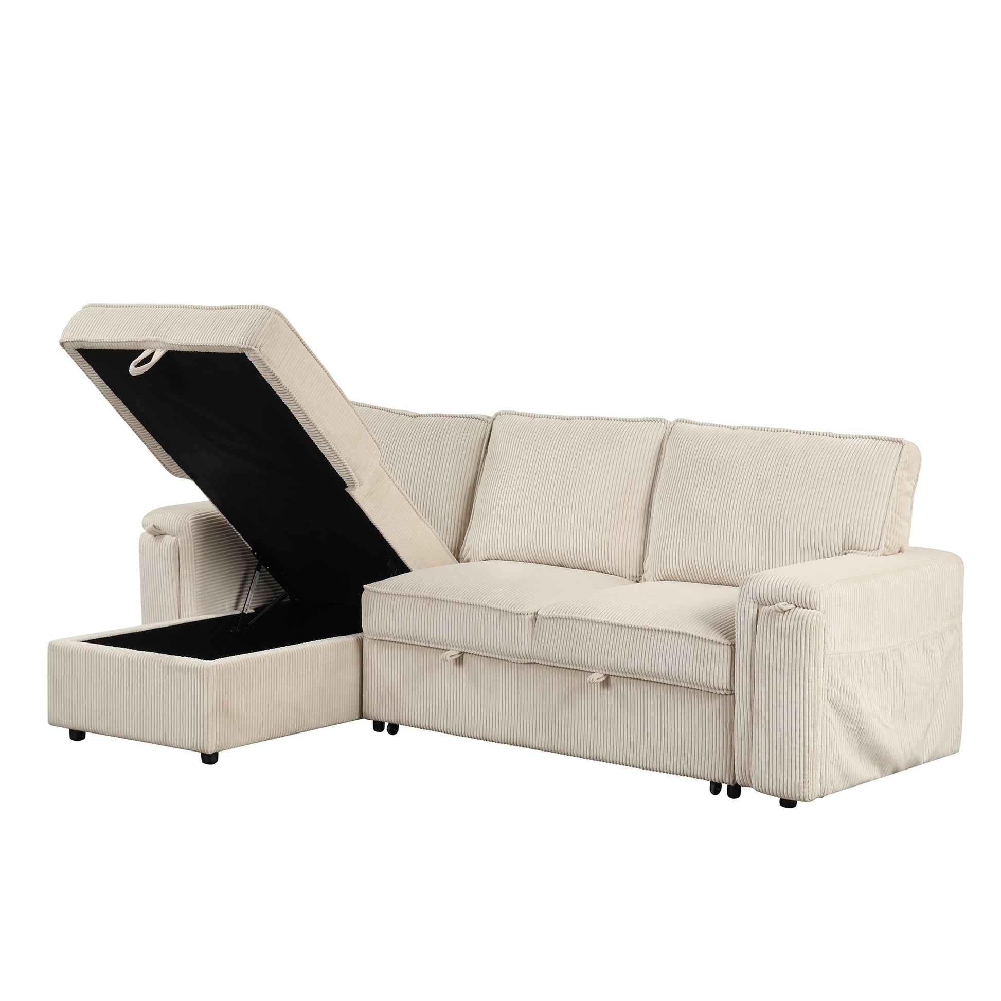 Upholstery Sleeper Sectional Sofa With Storage Bags And 2 Cup Holders On Arms Beige Wood Cushion Back Square Arms Polyester 3 Seat