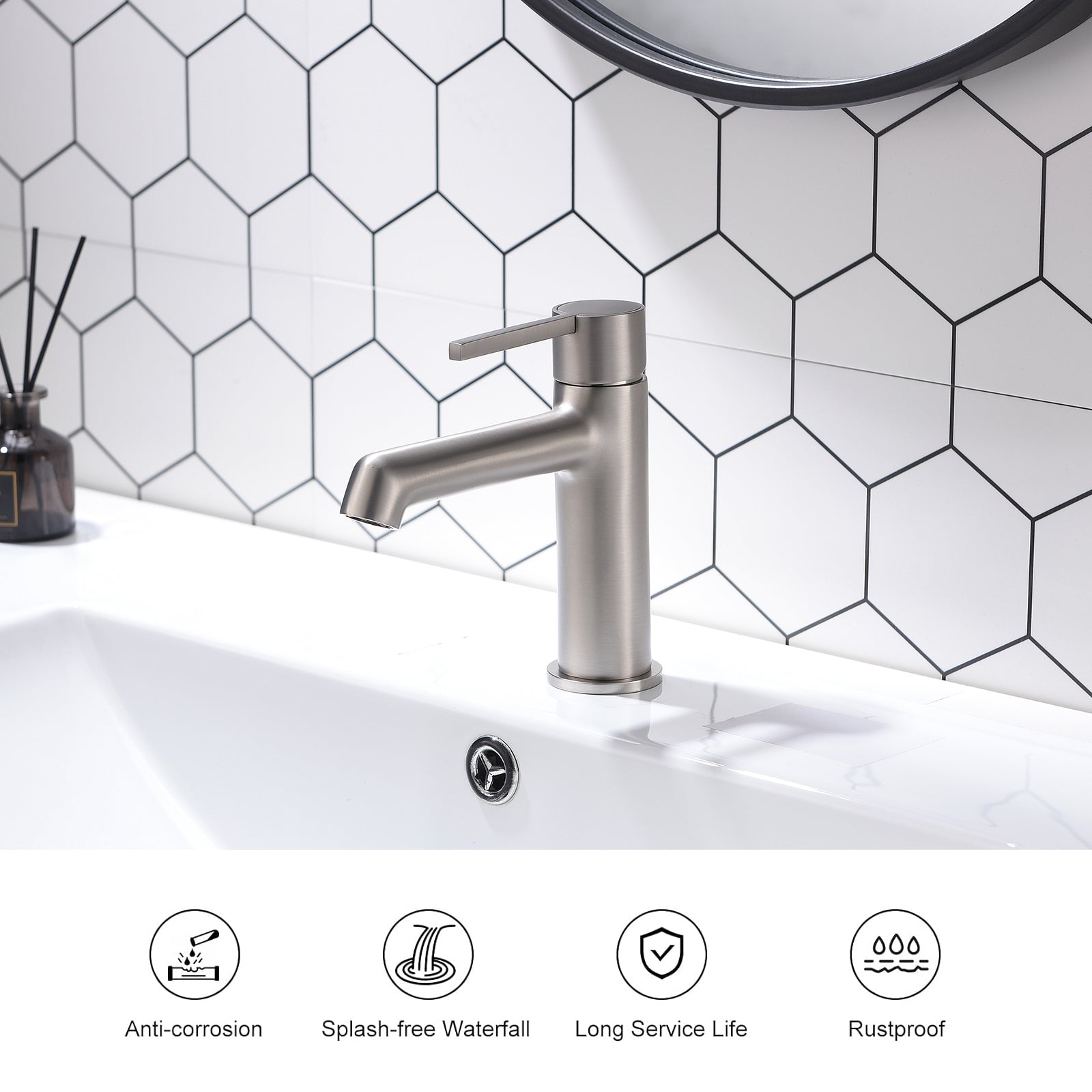 Brushed Nickel Bathroom Faucet For Sink 1 Hole, Bathroom Sink Faucet Single Handle, Modern Bathroom Basin Faucet Bathroom Knob Handles Geometric One Brushed Nickel Side Sprayer Deck Mounted Cartridge Valve Single Hole Faucets Nickel Contemporary 1 Hole