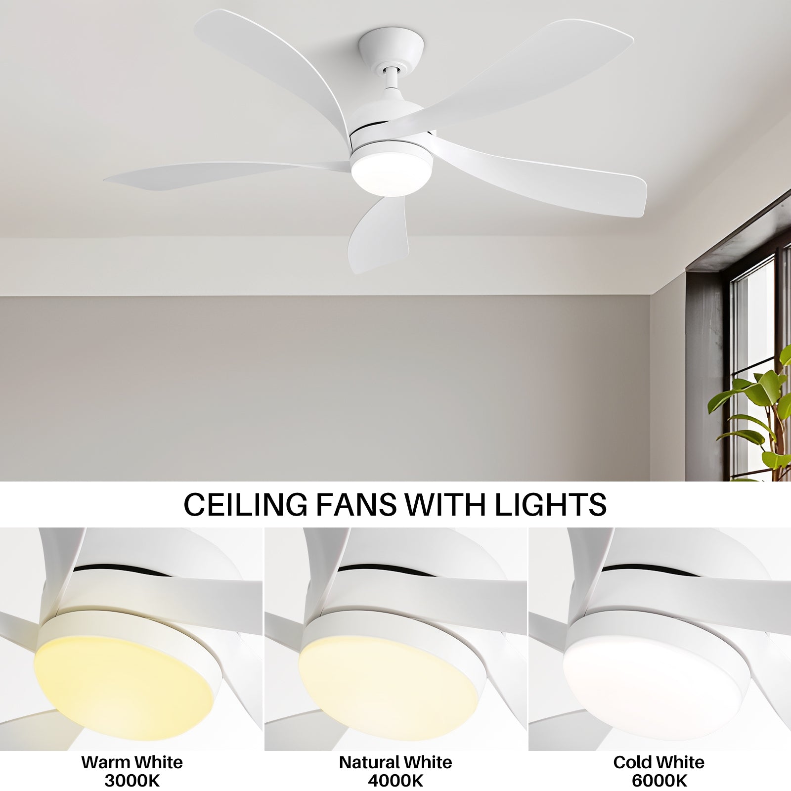 52 Inch Modern Led With 3 Color Dimmable 5 Abs Blades Remote Control Reversible Dc Motor White For Bedroom White Abs