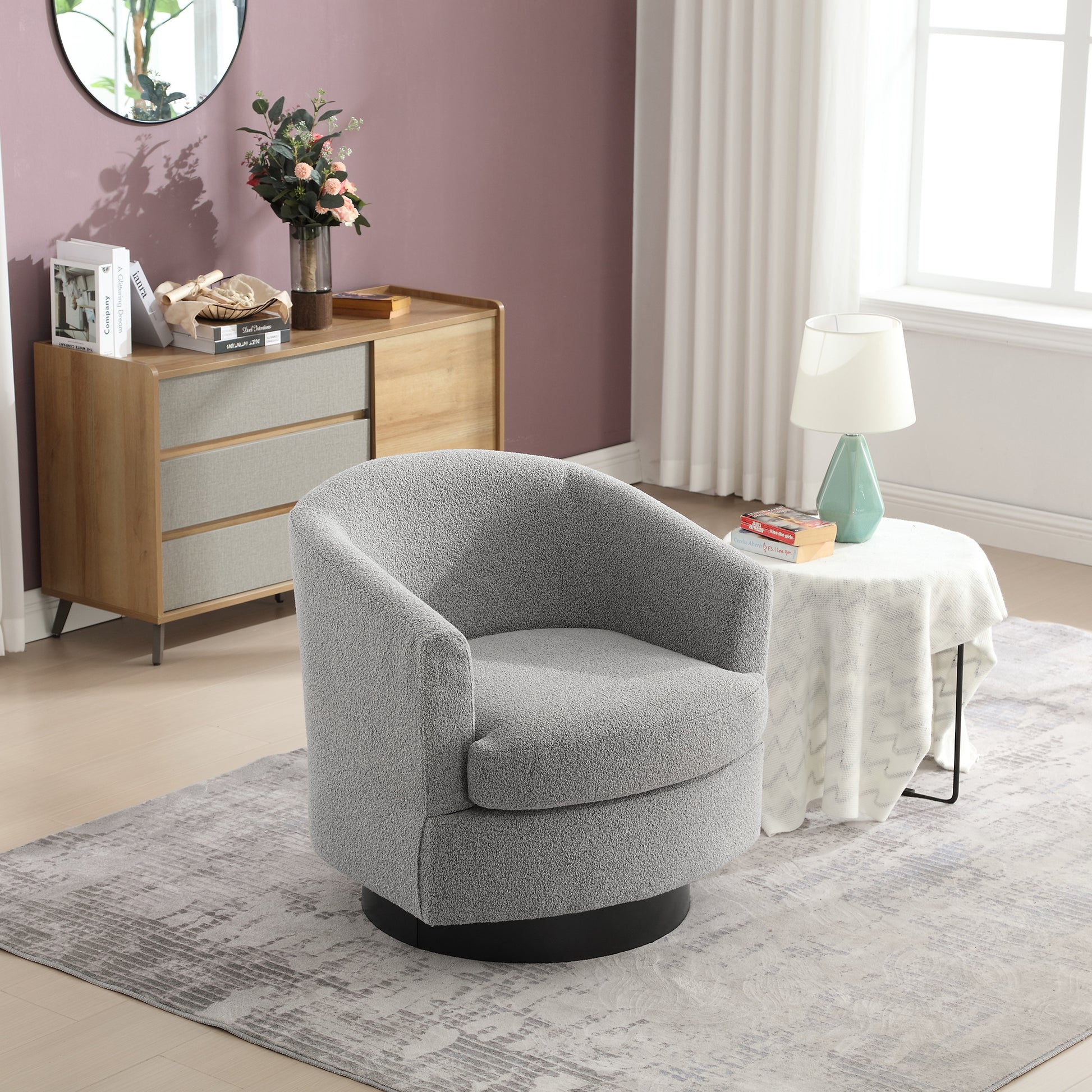 30.7''W Boucle Upholstered Swivel Cuddle Accent Round Barrel Chair Modern Single Sofa, 360 Degree Circle Club Armchair For Nursery Bedroom Living Room Coffe Bar Lounge Hotel. Gray Gray Boucle