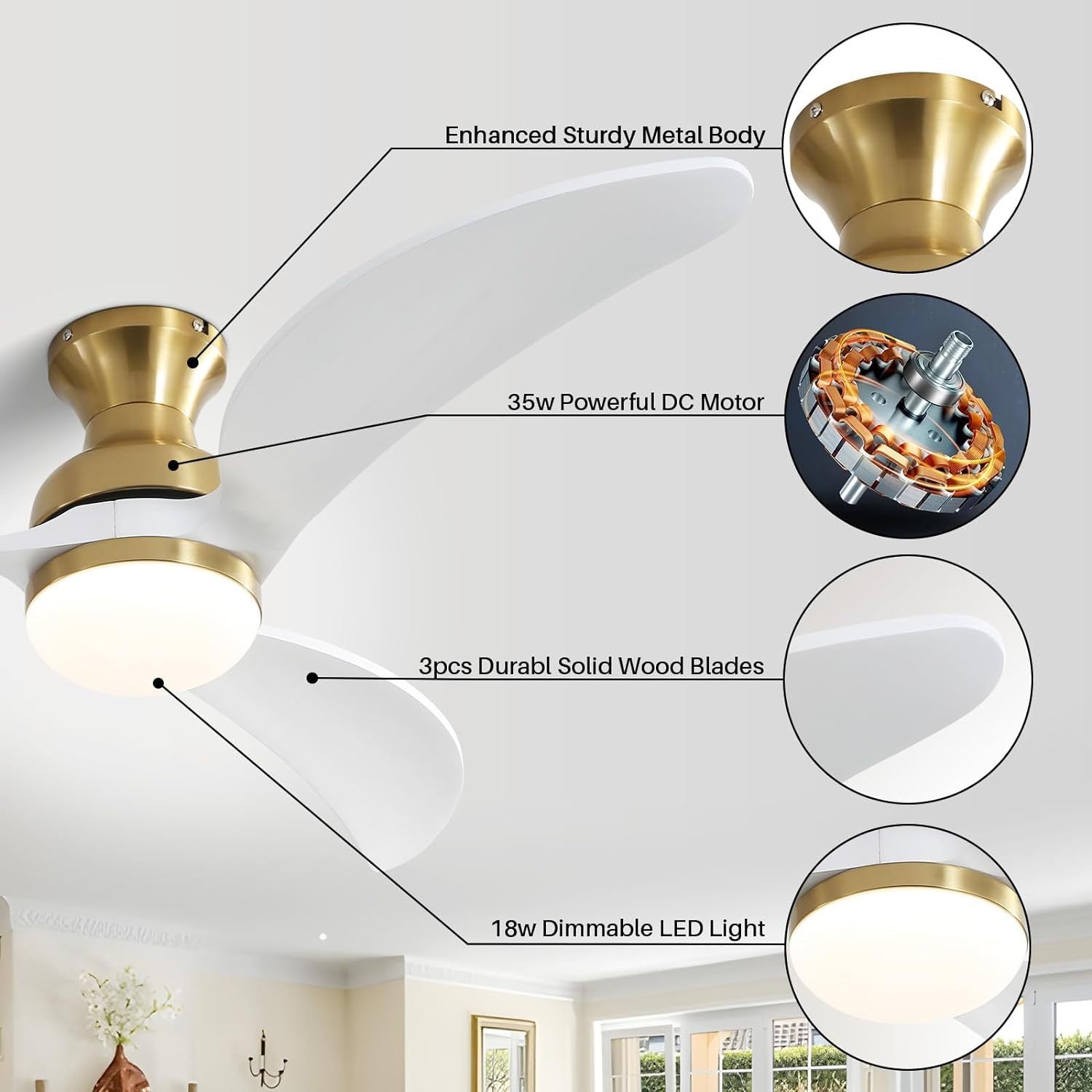 52 Inch Modern Ceiling Fan With 3 Color Dimmable 3 gold-metal & wood