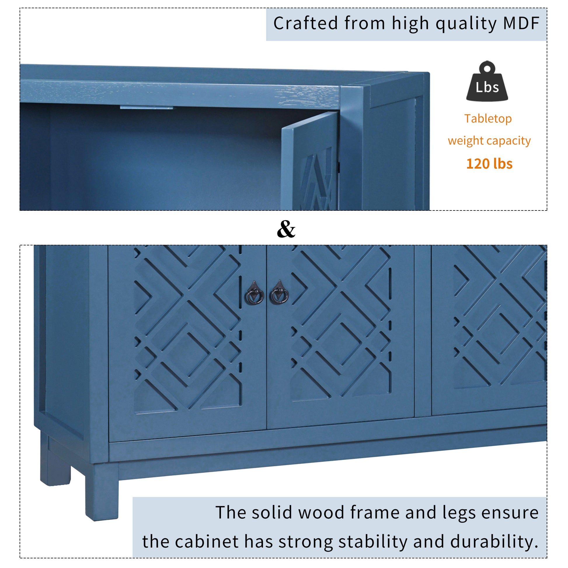 Large Storage Space Sideboard, 4 Door Buffet Cabinet With Pull Ring Handles For Living Room, Dining Room Navy Navy Mdf