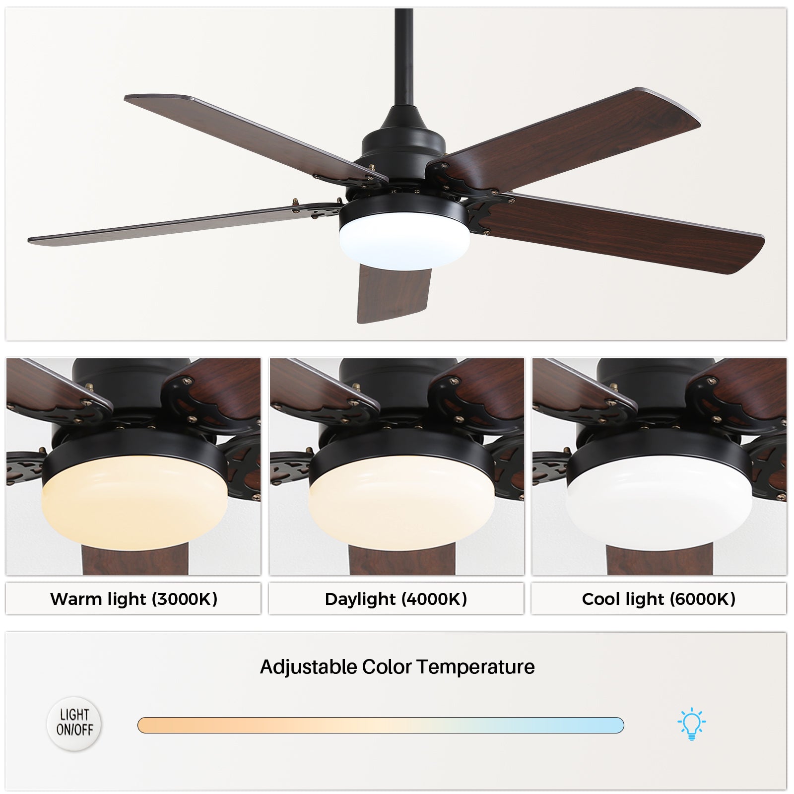 42 Inch Modern With 3 Color Dimmable Light 5 Blades Remote Control Reversible Dc Motor Black For Bedroom Black Mdf