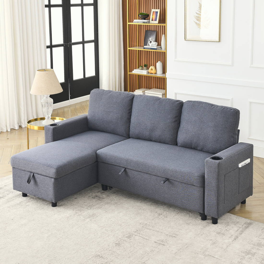Fx78.7"Comfortable Linen L Shaped Combo Sofa Sofa Bed, Living Room Furniture Sets For Tight Spaces, Reversible Sleeper Combo Sofa With Pullout Bed,Reversible Sofa Bed For Living Room, Office, Apartmen Dark Gray Linen Wood Primary Living Space Foam Fabric