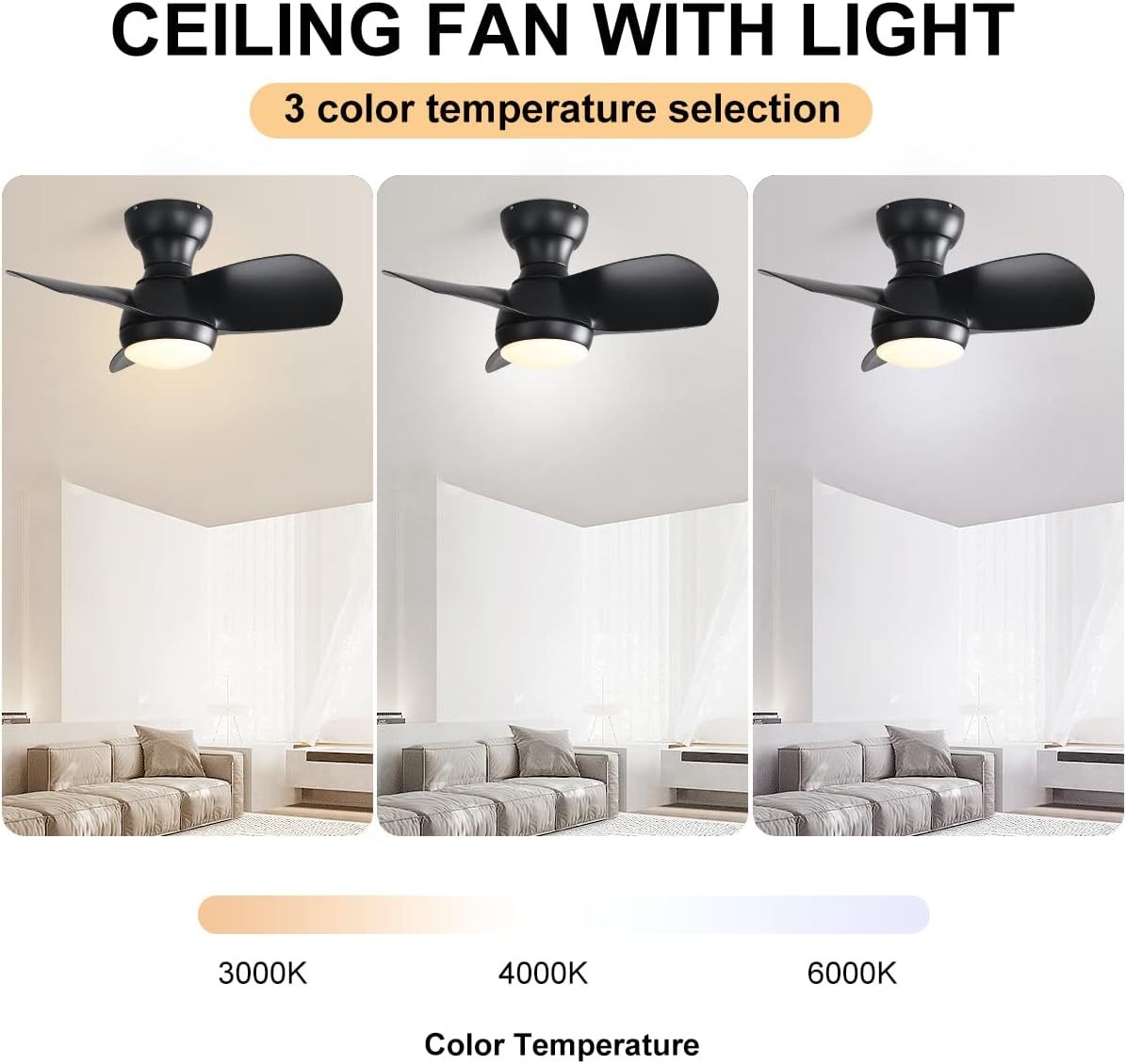 23 Inch Bedroom Ceiling Fan With 3 Color Dimmable 3 black-abs