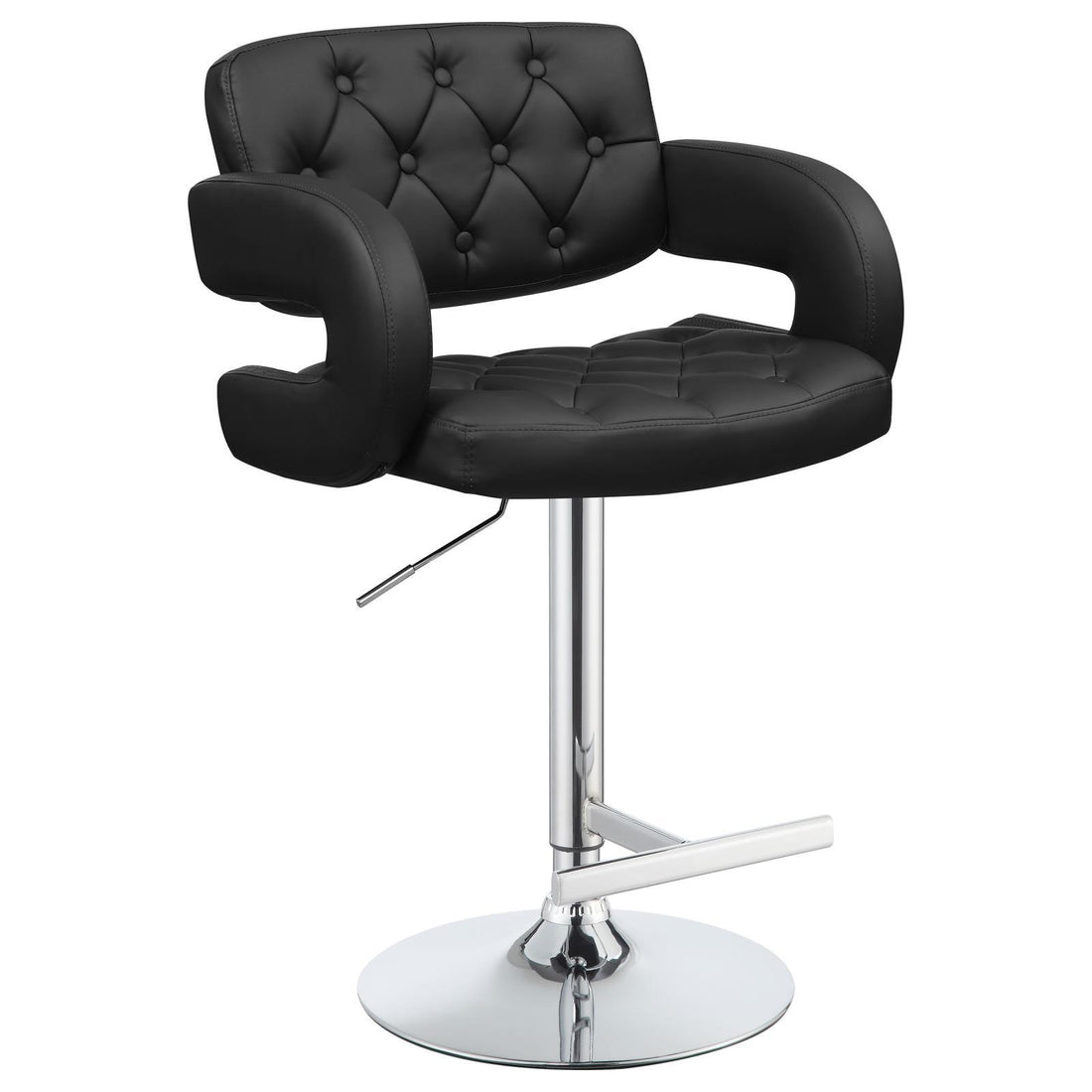 Black And Chrome Adjustable Bar Stool Solid Black Dining Room Foam Spot Clean Contemporary,Modern Bar Stools Tufted Back Foam Faux Leather