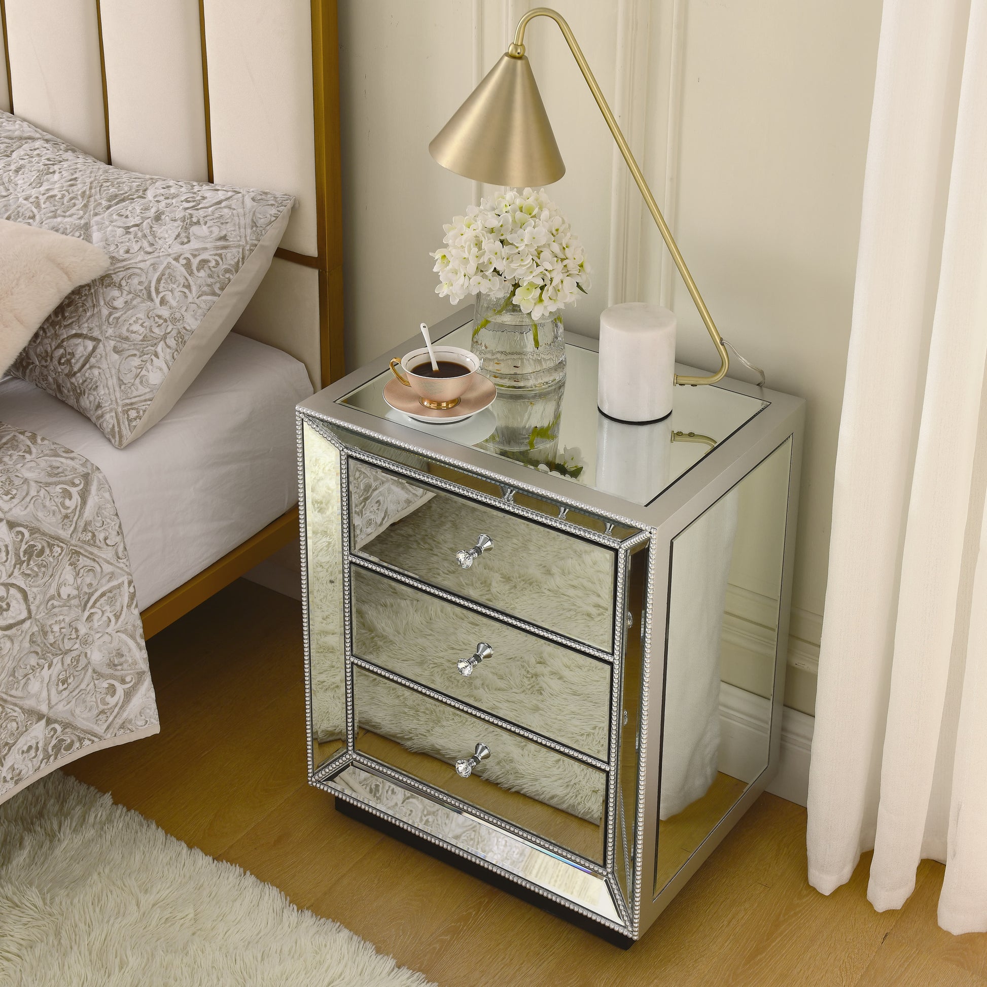 W 22"X D 16 ' X 26.8" Flash Silver Mirror Three Drawer Cabinet Chest 3 4 Drawers Glass Pane Silver Bedroom Mirrored Back American Design Mdf Glass