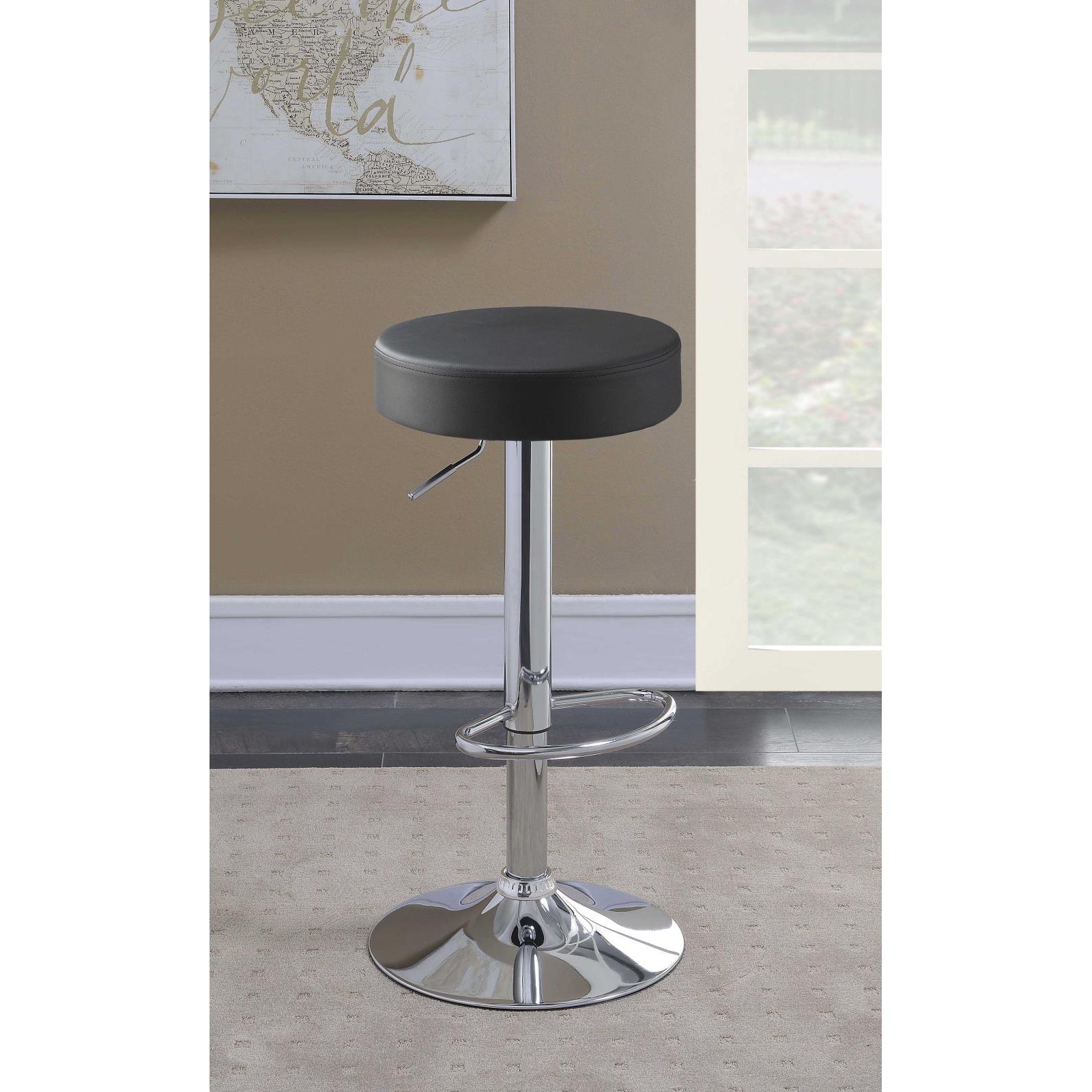 Black And Chrome Adjustable Hydraulic Bar Stool Black Silver Dining Room Foam Spot Clean Round Contemporary,Modern Bar Stools Foam Faux Leather