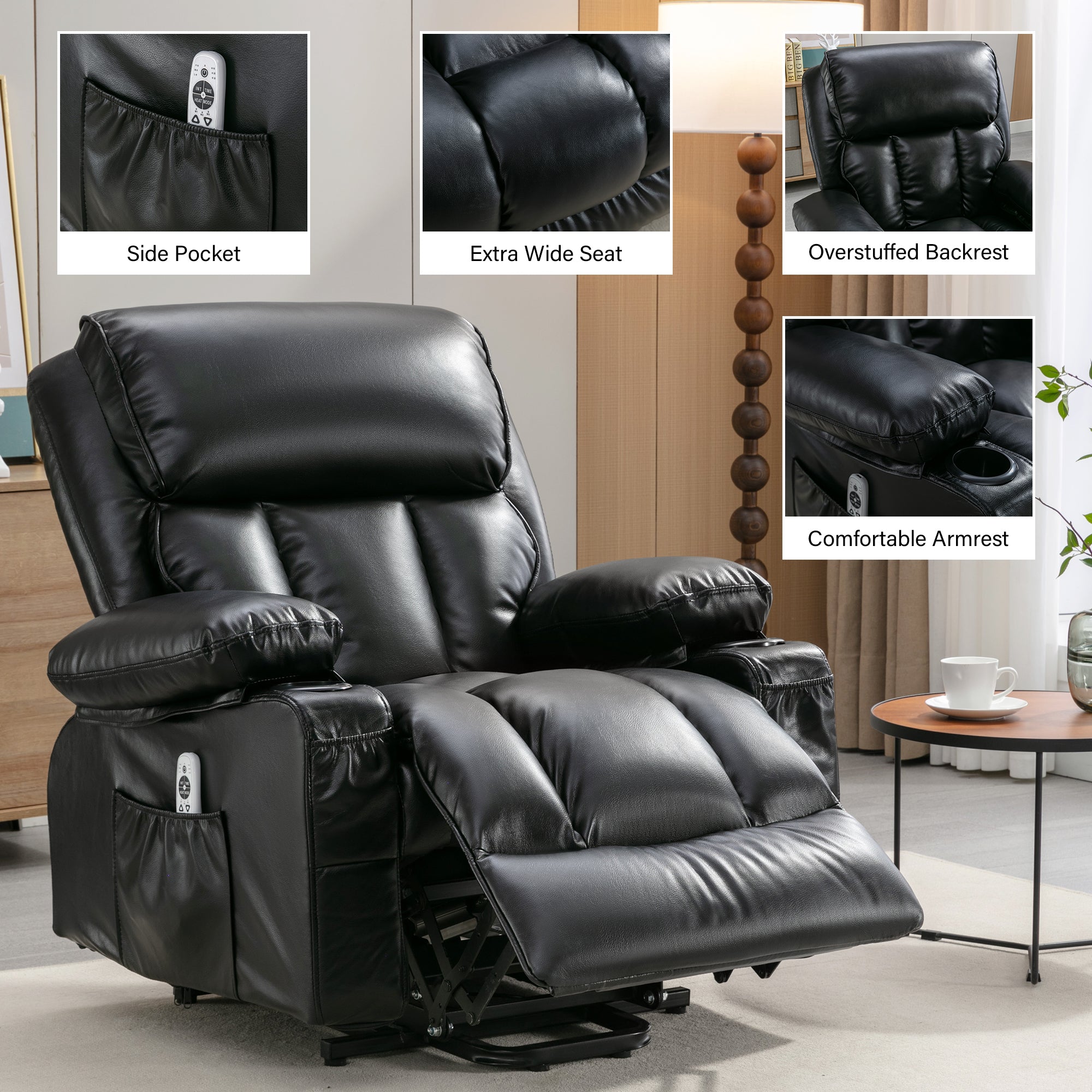 Power Lift Recliner Chair Recliners for Elderly with black-metal-power-push button-soft-heavy