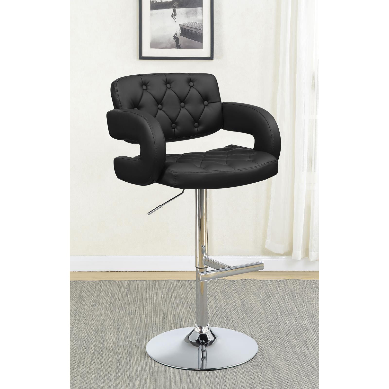 Black And Chrome Adjustable Bar Stool Solid Black Dining Room Foam Spot Clean Contemporary,Modern Bar Stools Tufted Back Foam Faux Leather