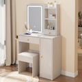 Right Cabinet Desktop Vanity Table Cushioned Stool, With 2 Ac Power 2 Usb Socket, Extra Large Sliding Led Mirror, Tri Color, Brightness Adjustable, Large Desktop, High Capacity Multi Layer Storage White Oak Mdf