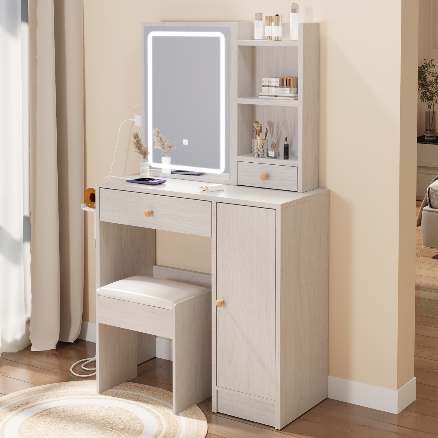 Right Cabinet Desktop Vanity Table Cushioned Stool, With 2 Ac Power 2 Usb Socket, Extra Large Sliding Led Mirror, Tri Color, Brightness Adjustable, Large Desktop, High Capacity Multi Layer Storage White Oak Mdf