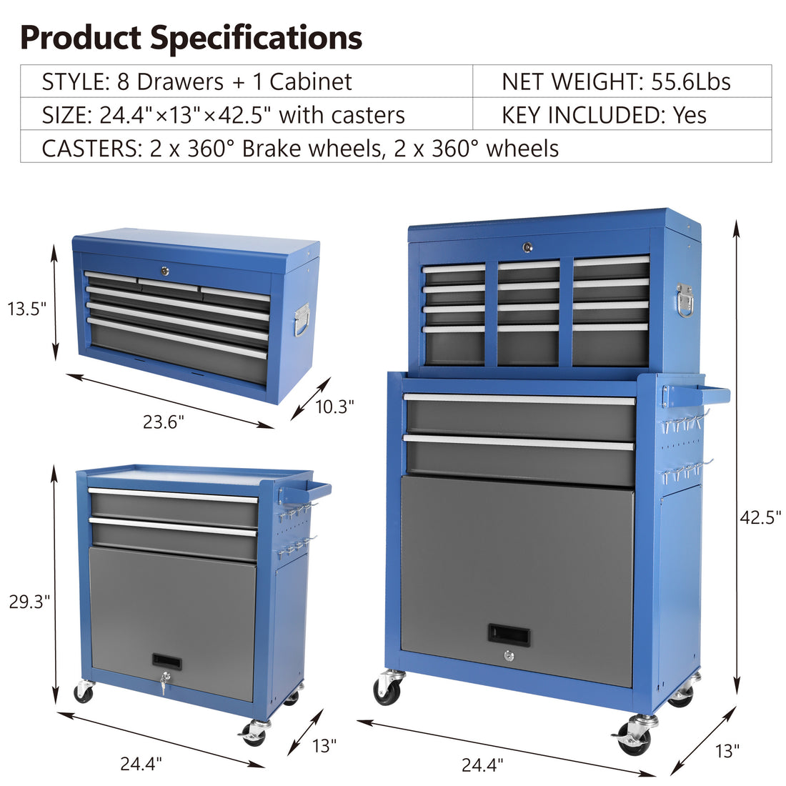 Rolling Tool Chest With Wheels 8 Drawers, Assembled Tool Cabinet Combo With Drawers, Detachable Organizer Tool Chests, Mobile Lockable Tool Box For Workshop Mechanics Garage Blue Grey Steel