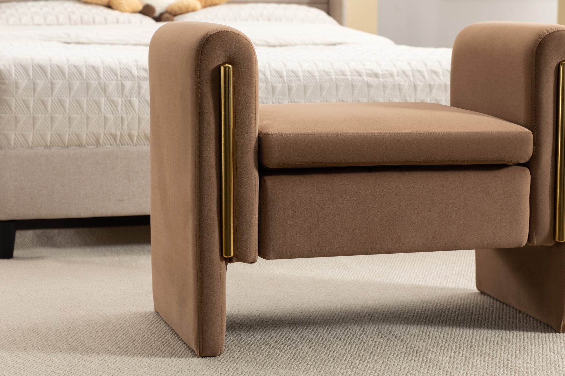 031 Velvet Fabric Single Bench Shoe Bench Makeup Bench For Bedroom Indoor,Coffee Wood Bedroom Brown Solid Eucalyptus Wood Tufted Coffee Polyester Velvet Backless Soft Modern Foam Velvet