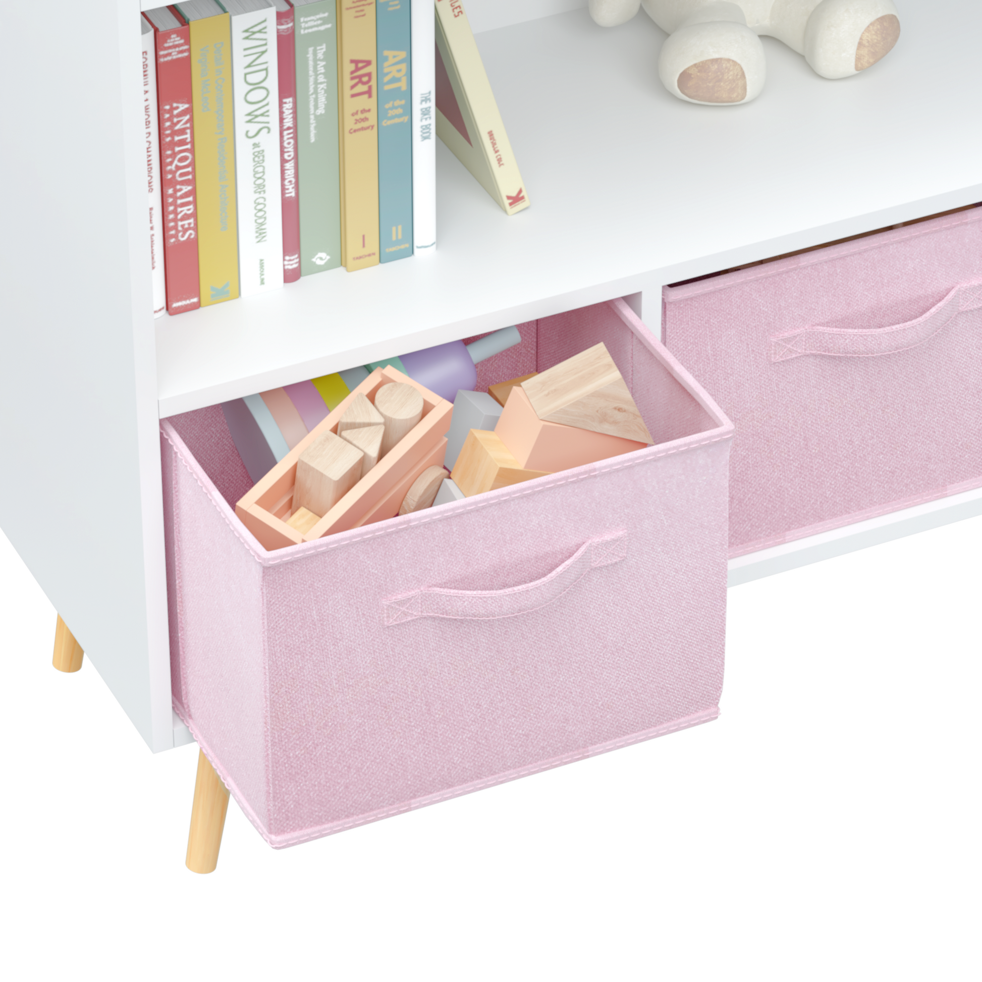 Kids Bookcase With Collapsible Fabric Drawers, Children'S Book Display, Toy Storage Cabinet Organizer, White Pink White Pink Mdf