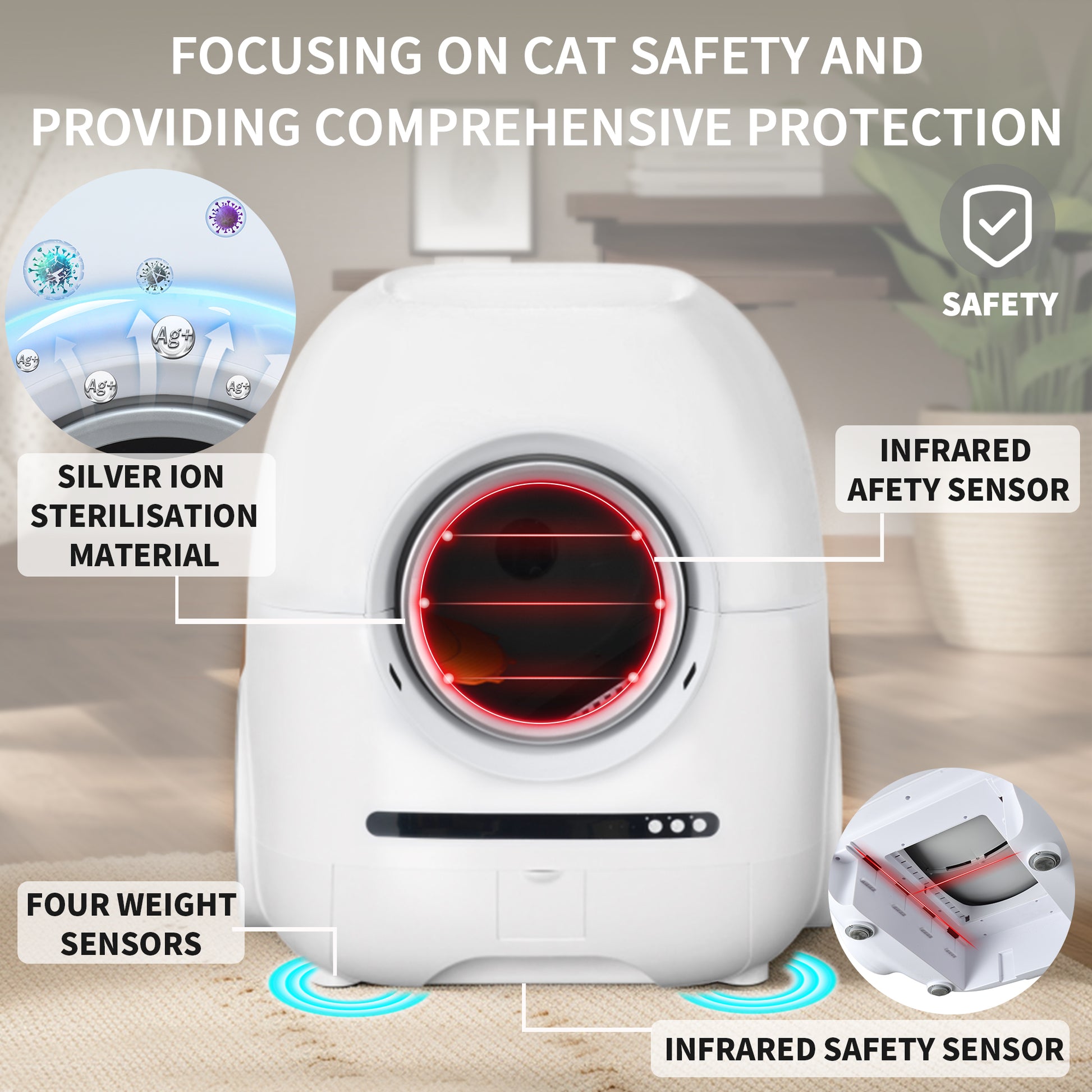 Self Cleaning Cat Litter Box, 68L 9L, Suitable For A Variety Of Cat Litter, App Control, Real Time Video, Photo And Video, Safe And Reliable, Ionic Deodorization, With Exhaust Hose, Support Wifi White Abs