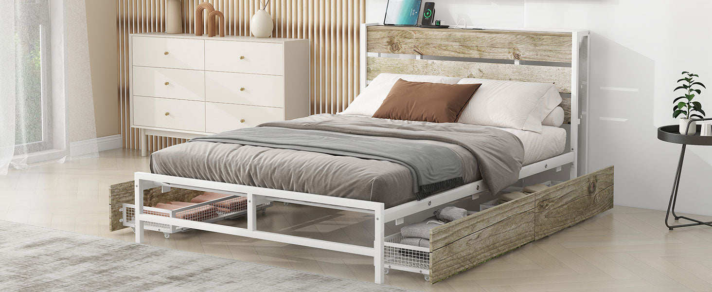 Metal Platform Bed With Four Drawers, Sockets And Usb Ports, Full, White Full White Mdf Metal