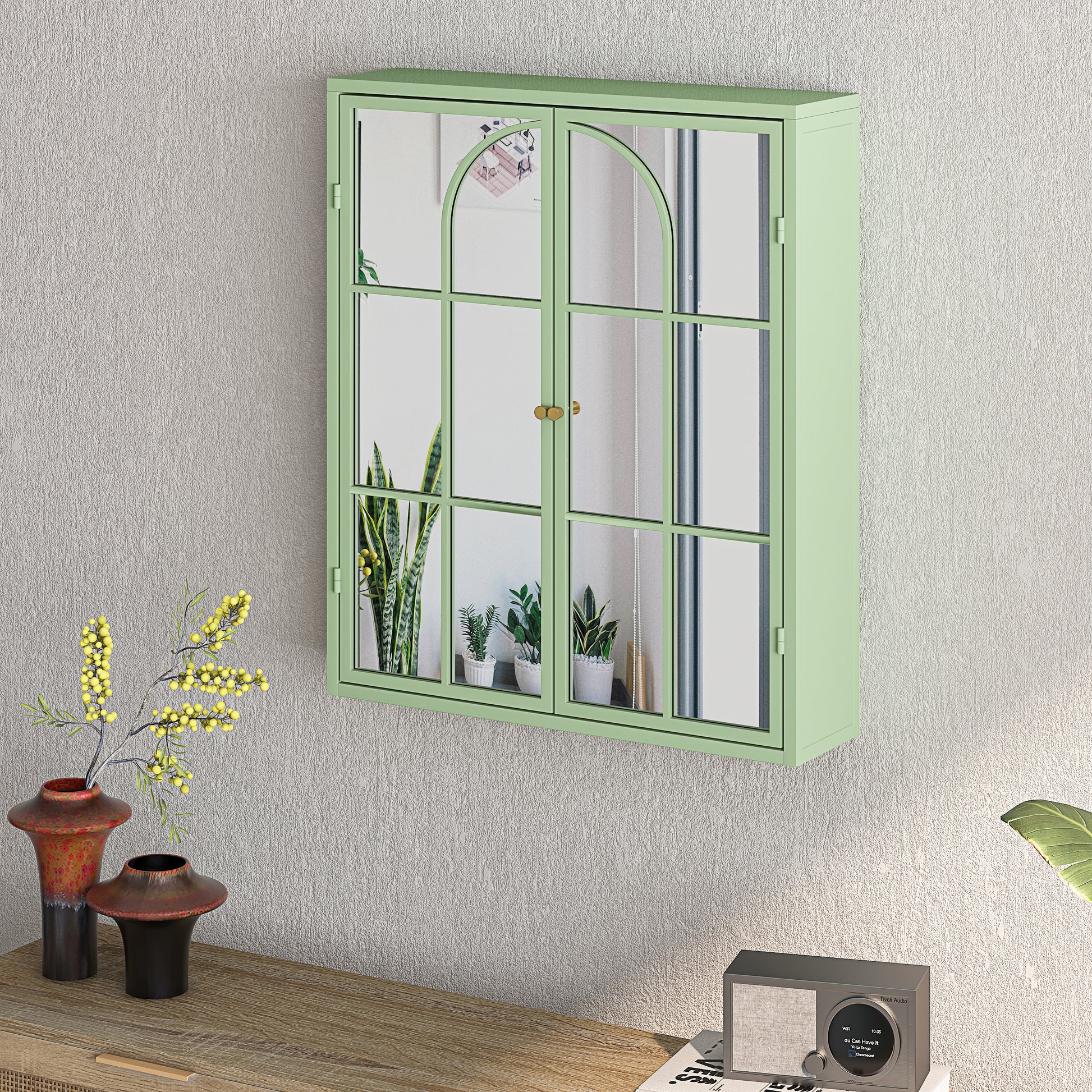 23.62 "Vintage Two Door Wall Cabinet With Mirror, Three Level Entrance Storage Space For Living Room, Bathroom, Dining Room, Green Green Iron