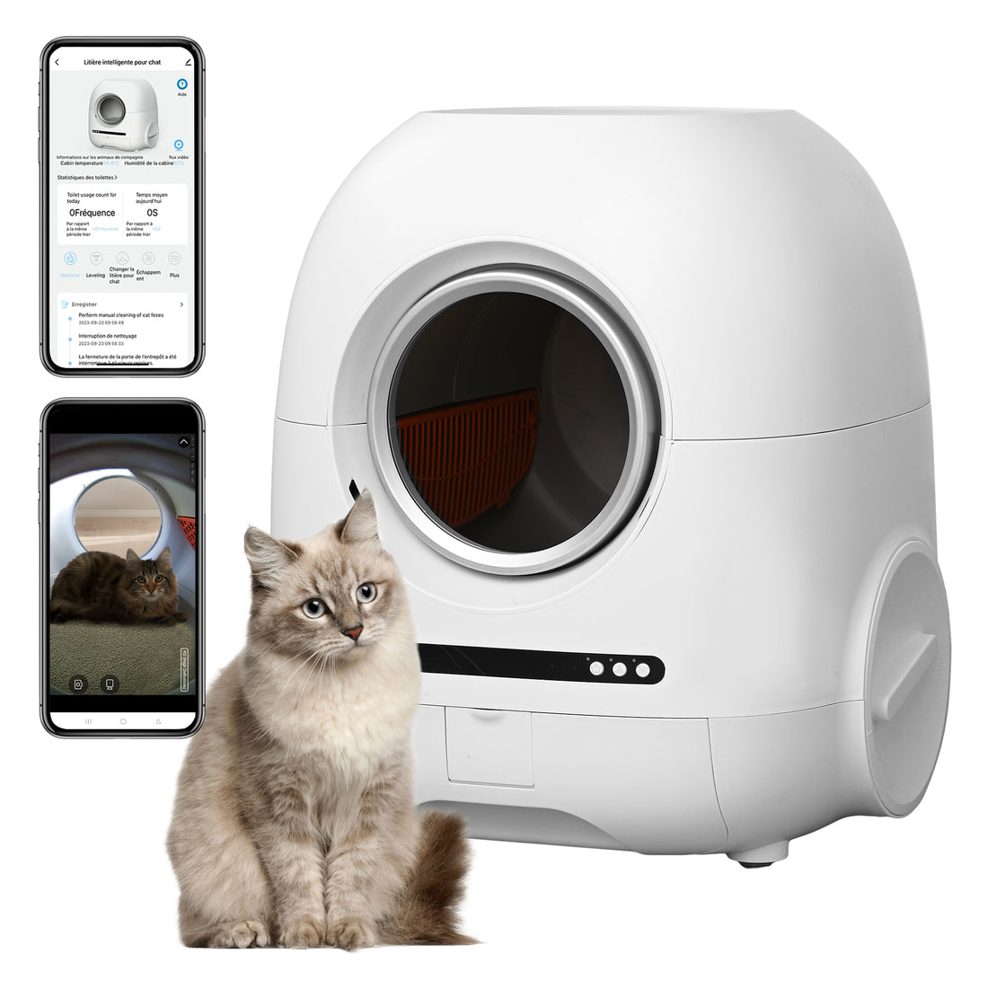 Self Cleaning Cat Litter Box, 68L 9L, Suitable For A Variety Of Cat Litter, App Control, Real Time Video, Photo And Video, Safe And Reliable, Ionic Deodorization, With Exhaust Hose, Support Wifi White Abs