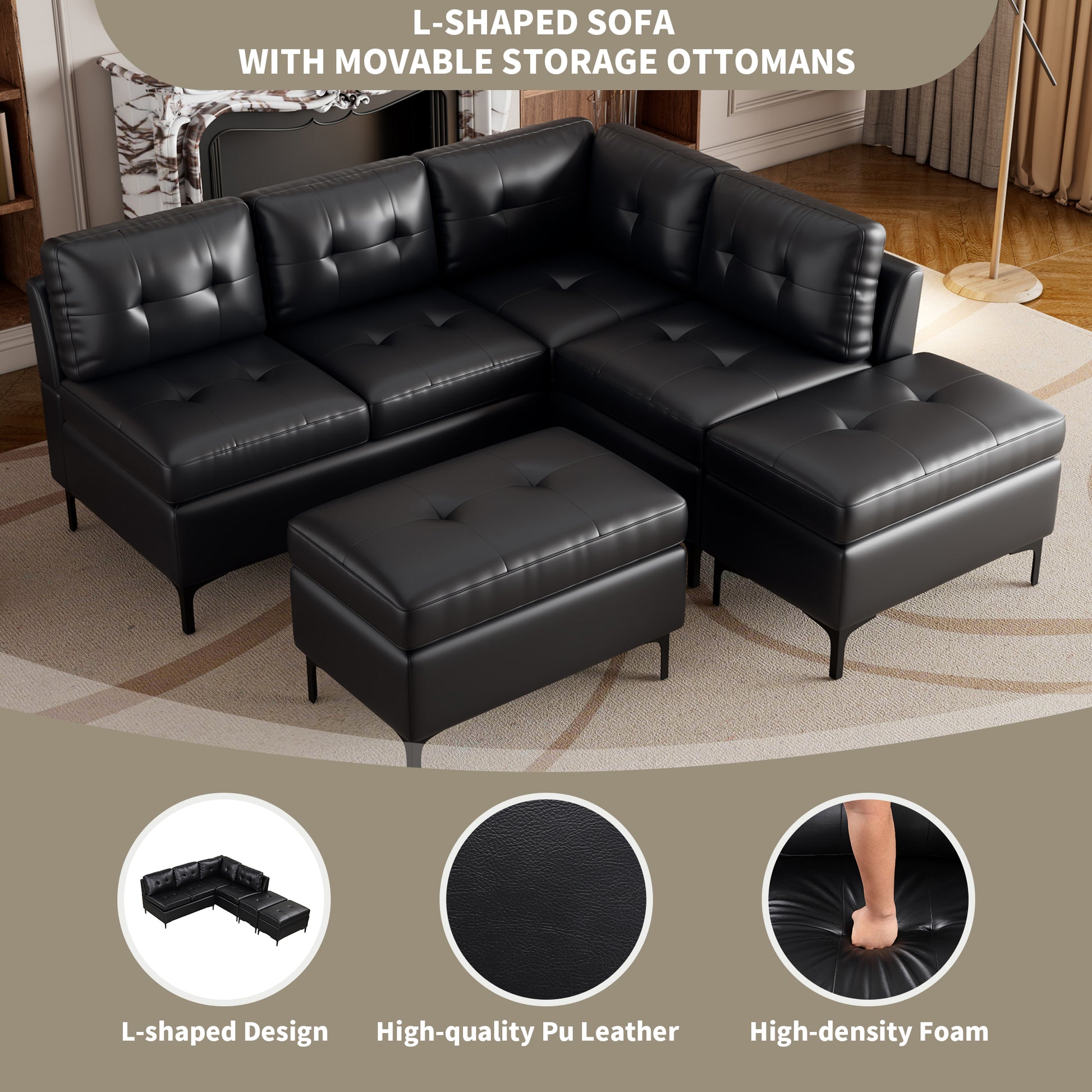 94.88" L Shaped Corner Sofa Pu Leather Sectional Sofa Couch With Movable Storage Ottomans For Living Room, Black Black Foam Pu Leather