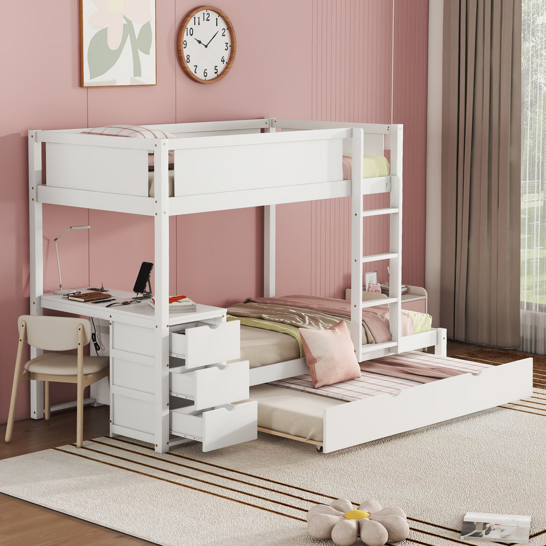 Twin Over Twin Bunk Bed With Twin Size Trundle, Storage And Desk, White White Solid Wood