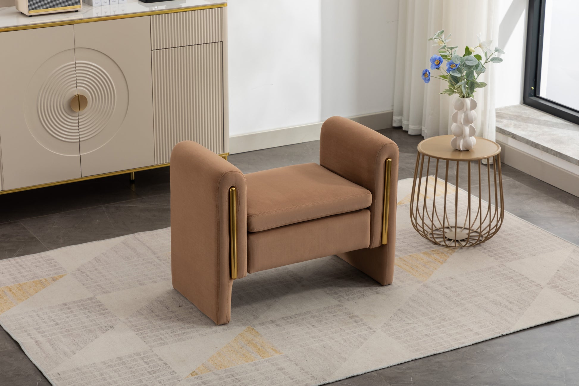 031 Velvet Fabric Single Bench Shoe Bench Makeup Bench For Bedroom Indoor,Coffee Wood Bedroom Brown Solid Eucalyptus Wood Tufted Coffee Polyester Velvet Backless Soft Modern Foam Velvet