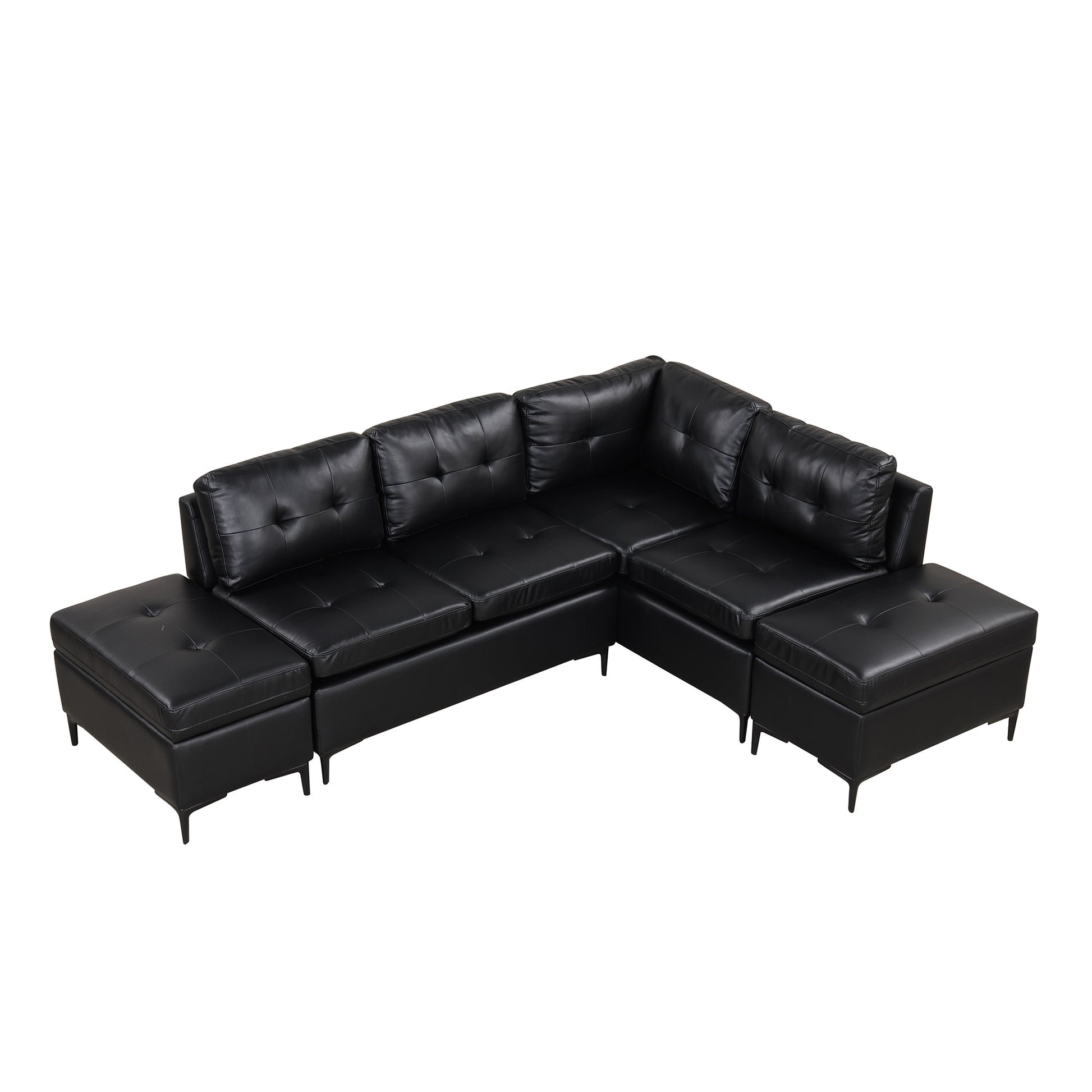 94.88" L Shaped Corner Sofa Pu Leather Sectional Sofa Couch With Movable Storage Ottomans For Living Room, Black Black Foam Pu Leather