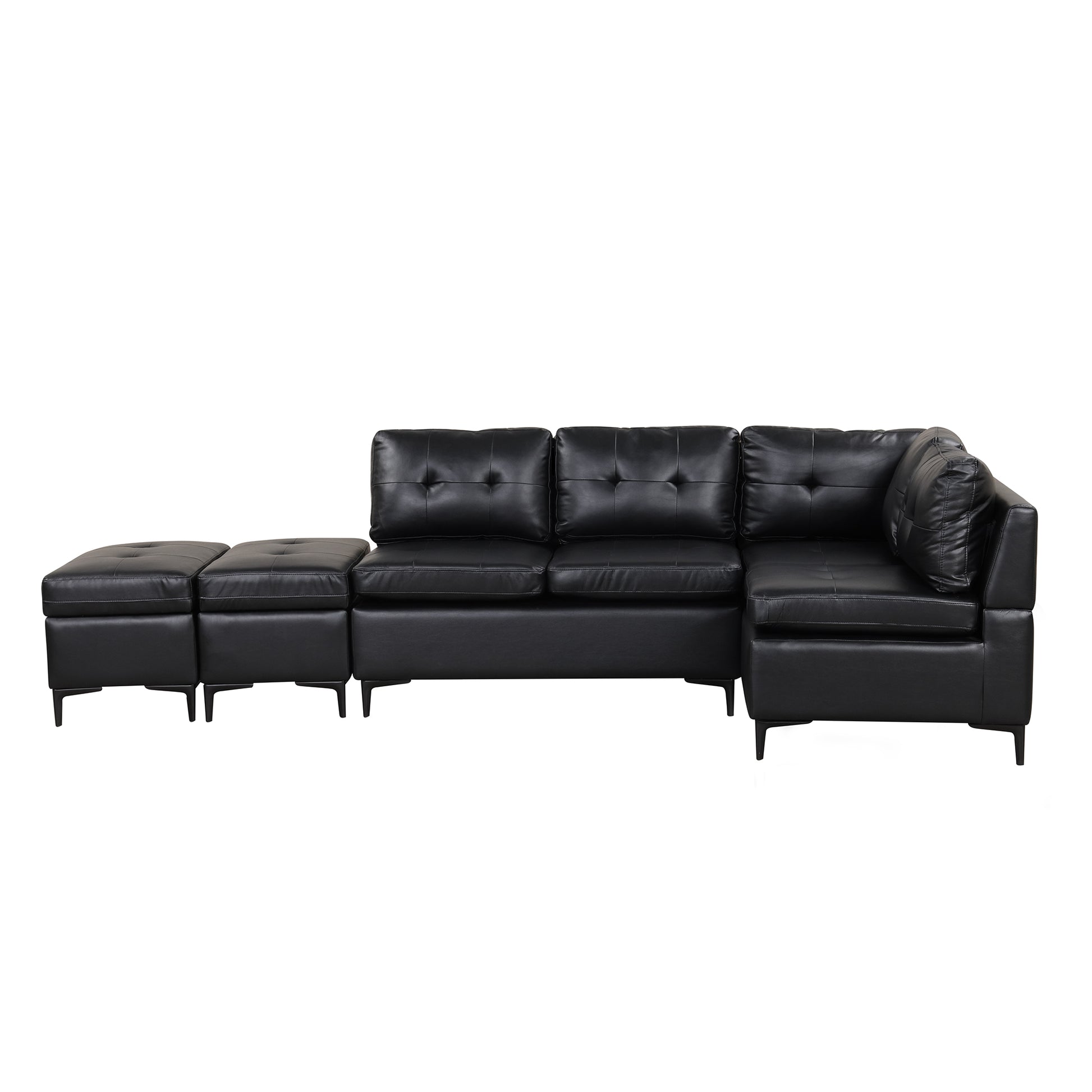 94.88" L Shaped Corner Sofa Pu Leather Sectional Sofa Couch With Movable Storage Ottomans For Living Room, Black Black Foam Pu Leather