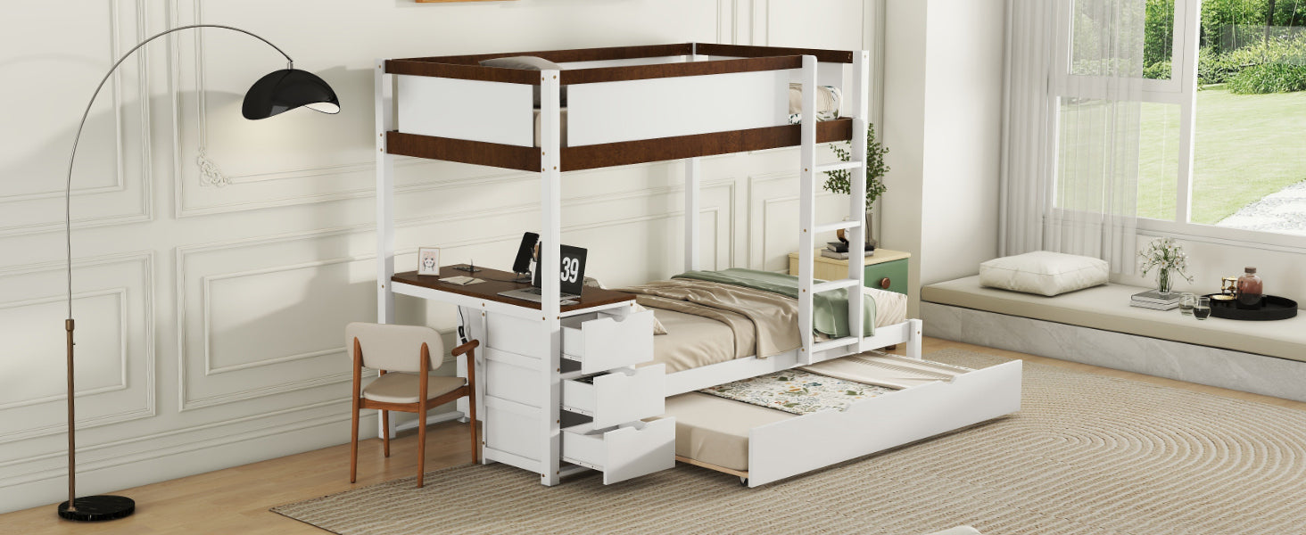 Twin Over Twin Bunk Bed With Twin Size Trundle, Storage And Desk, White Walnut White Walnut Solid Wood
