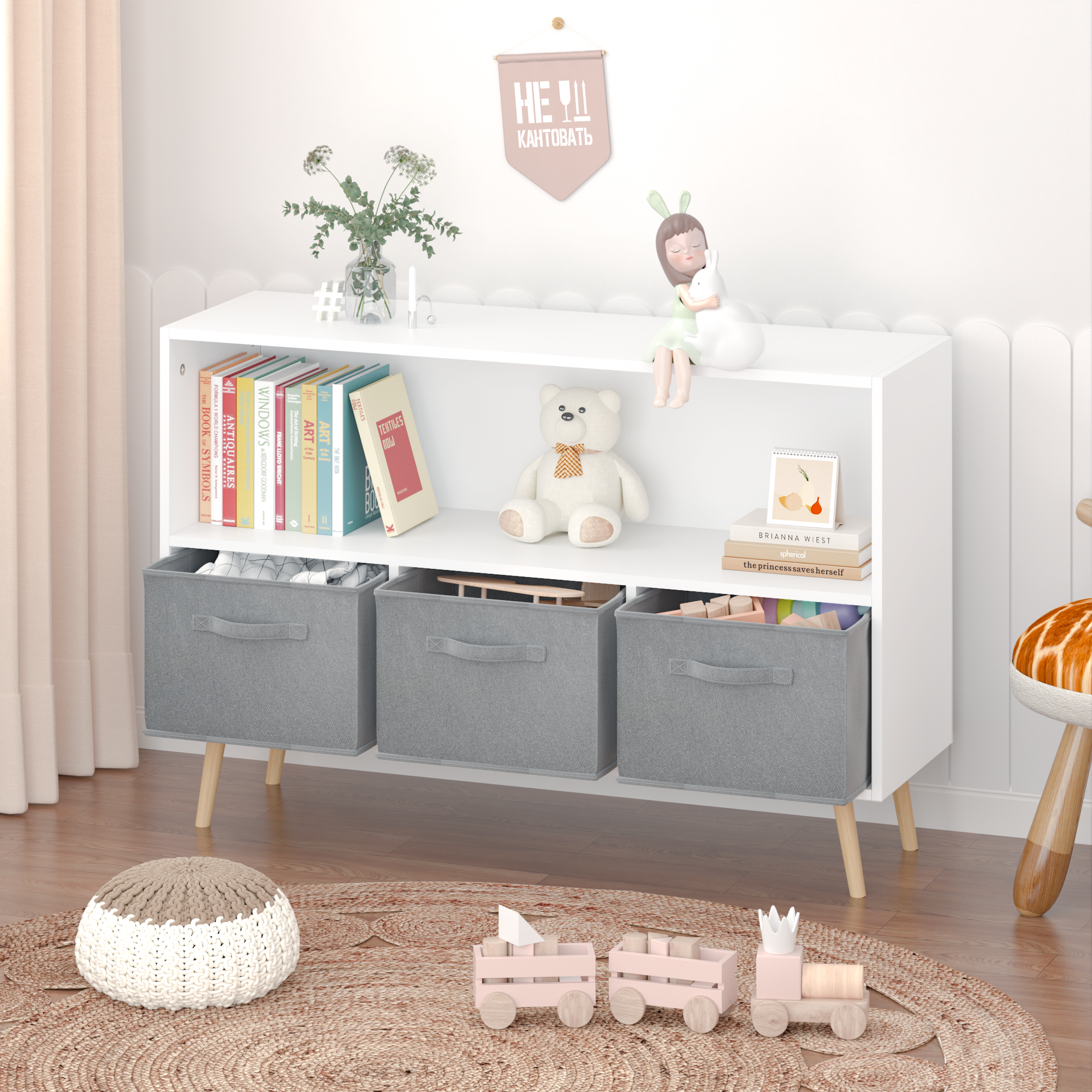Kids bookcase with Collapsible Fabric Drawers white+gray-mdf