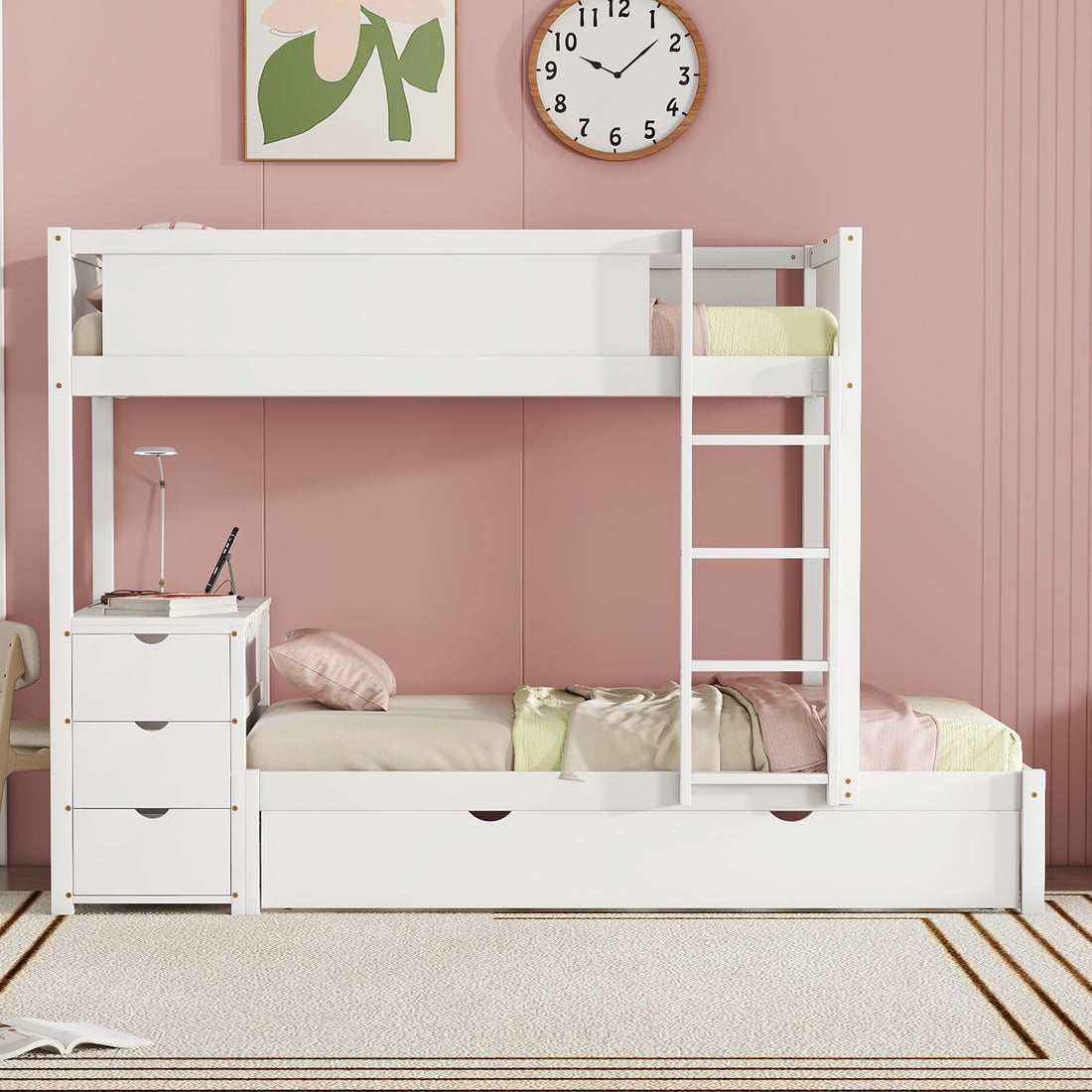 Twin Over Twin Bunk Bed With Twin Size Trundle, Storage And Desk, White White Solid Wood