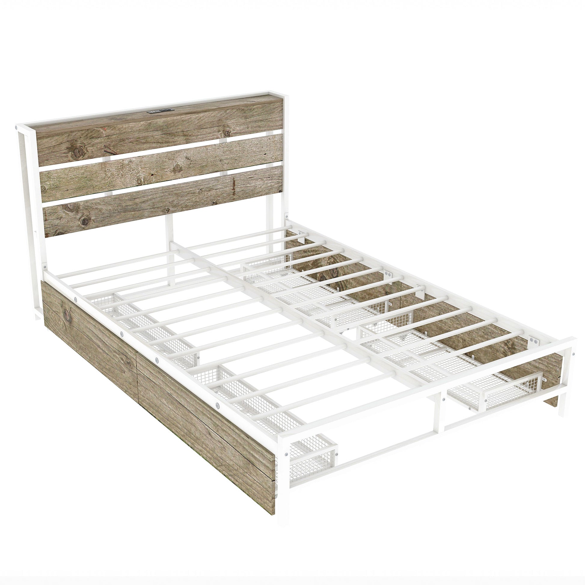 Metal Platform Bed With Four Drawers, Sockets And Usb Ports, Full, White Full White Mdf Metal