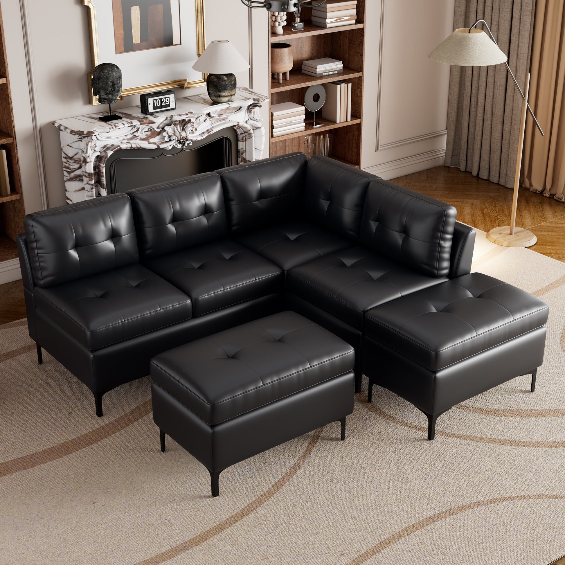 94.88" L Shaped Corner Sofa Pu Leather Sectional Sofa Couch With Movable Storage Ottomans For Living Room, Black Black Foam Pu Leather