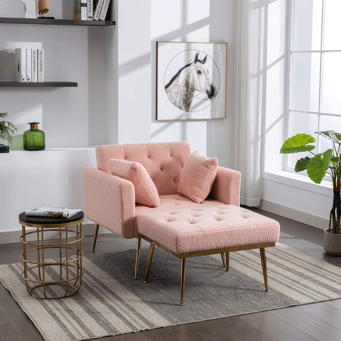 36.61'' Wide Modern Accent Chair With 3 Positions Adjustable Backrest, Tufted Chaise Lounge Chair, Single Recliner Armchair With Ottoman And Gold Legs For Living Room, Bedroom Pink Pink Foam Sherpa